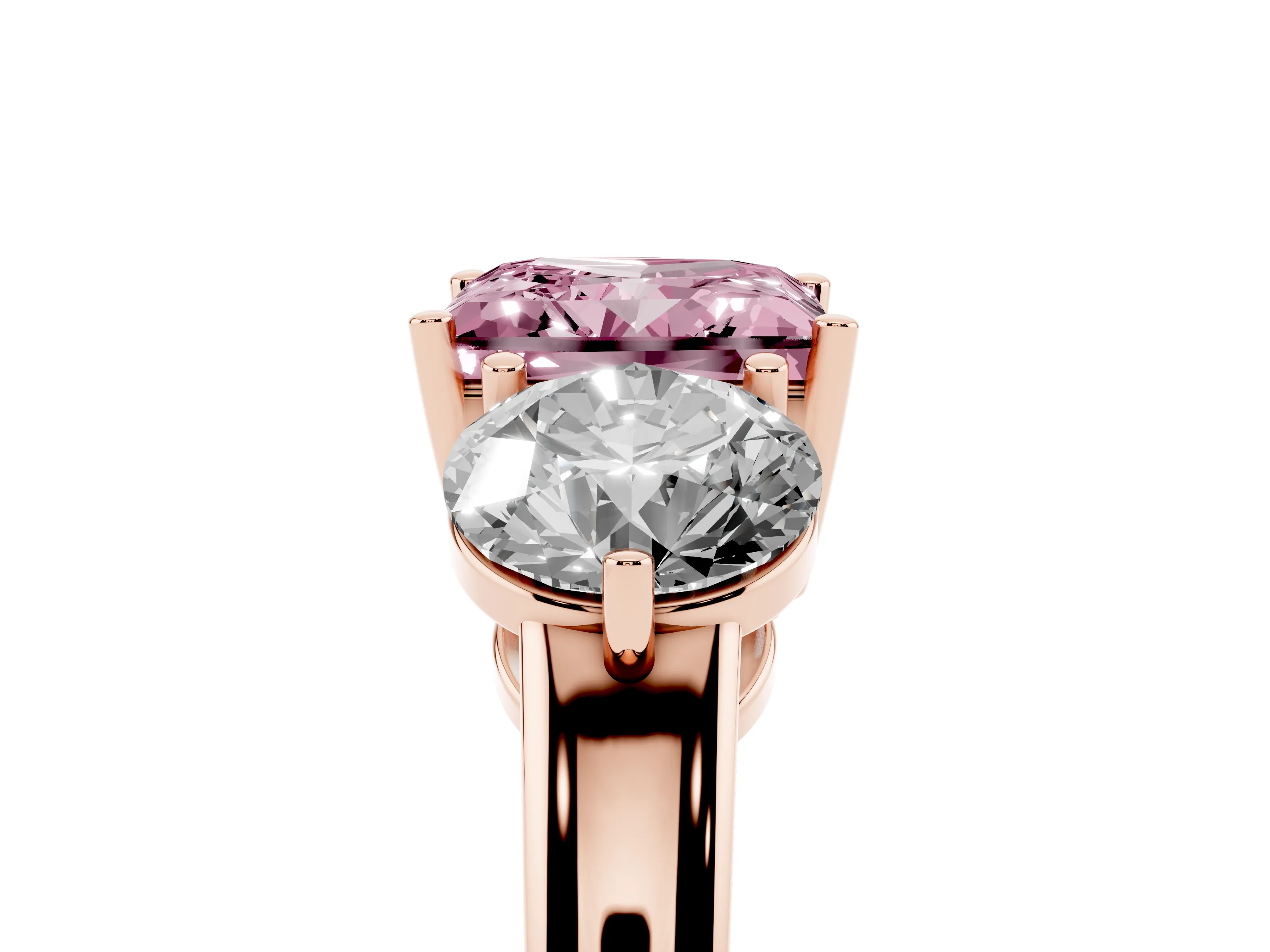 Fancy Pink Princess Cut Diamond Three-Stone Ring Set in Rose gold with Prong Setting and Plain Band