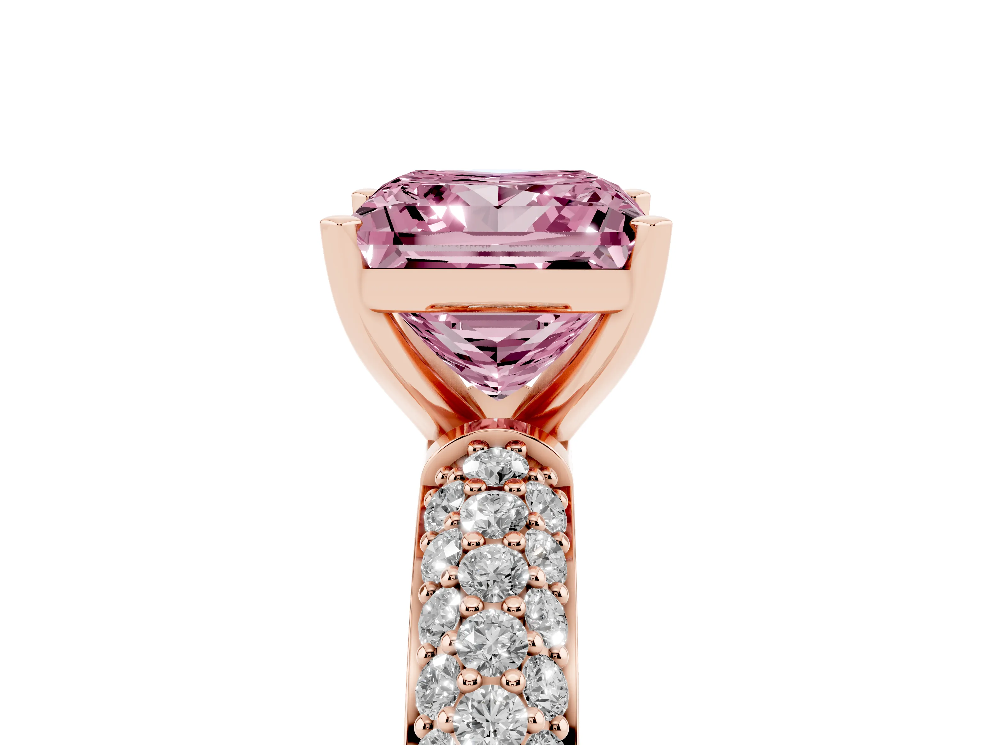 Fancy Pink Princess Cut Diamond Solitaire Ring Set in Rose gold with Prong Setting and Pavé-Set Band