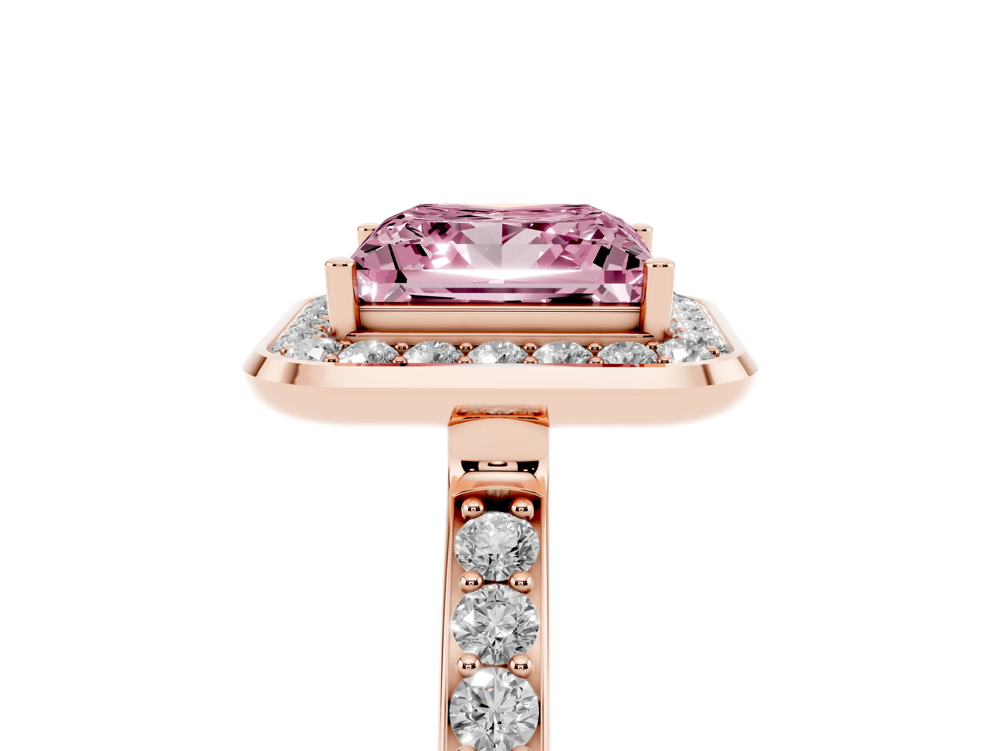Fancy Pink Princess Cut Diamond Halo Ring Set in Rose gold with Bezel Frame and Pavé Band