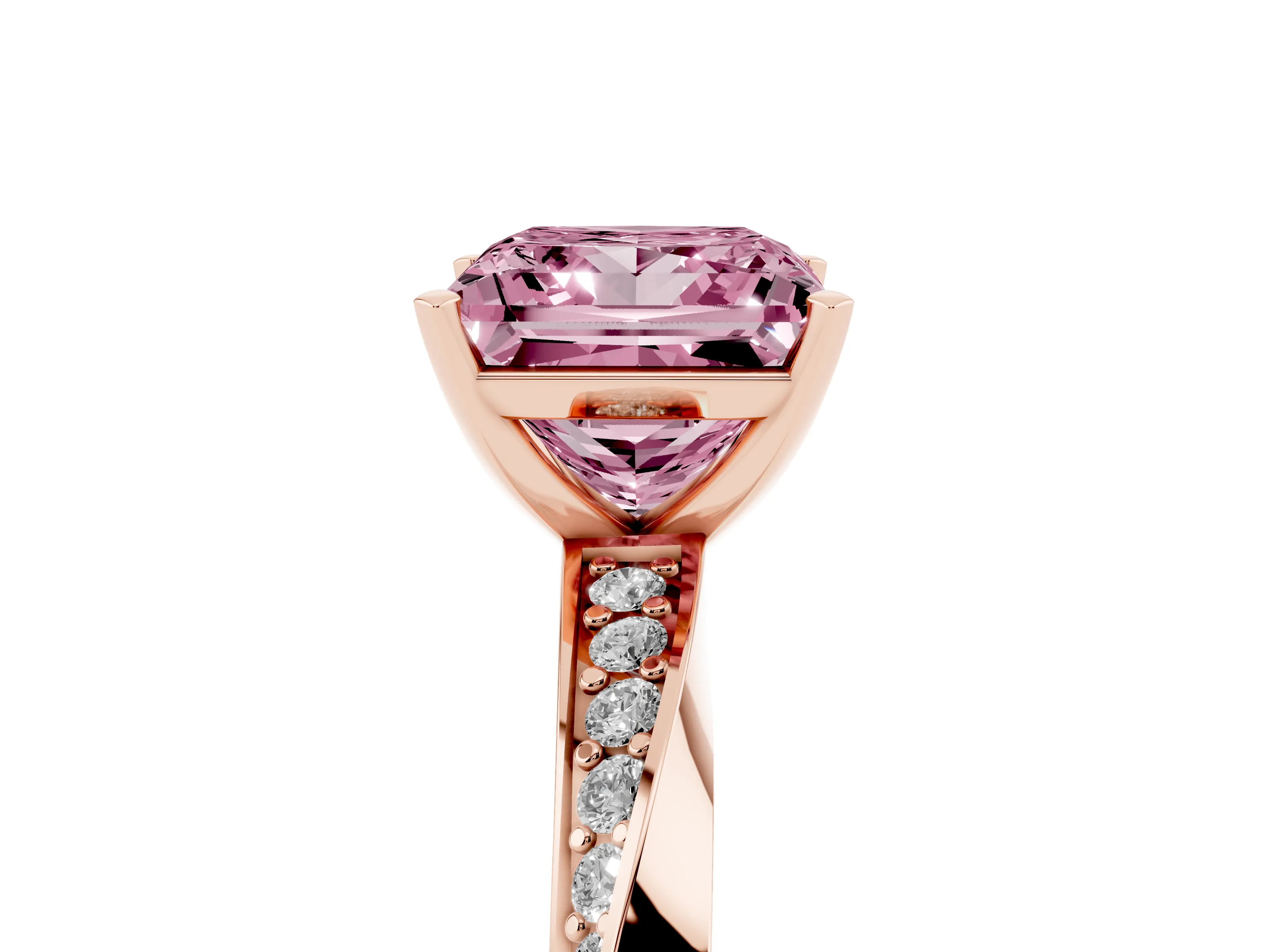 Fancy Pink Princess Cut Diamond Engagement Ring Set in Rose gold with Side Stone Accents and Prong Setting
