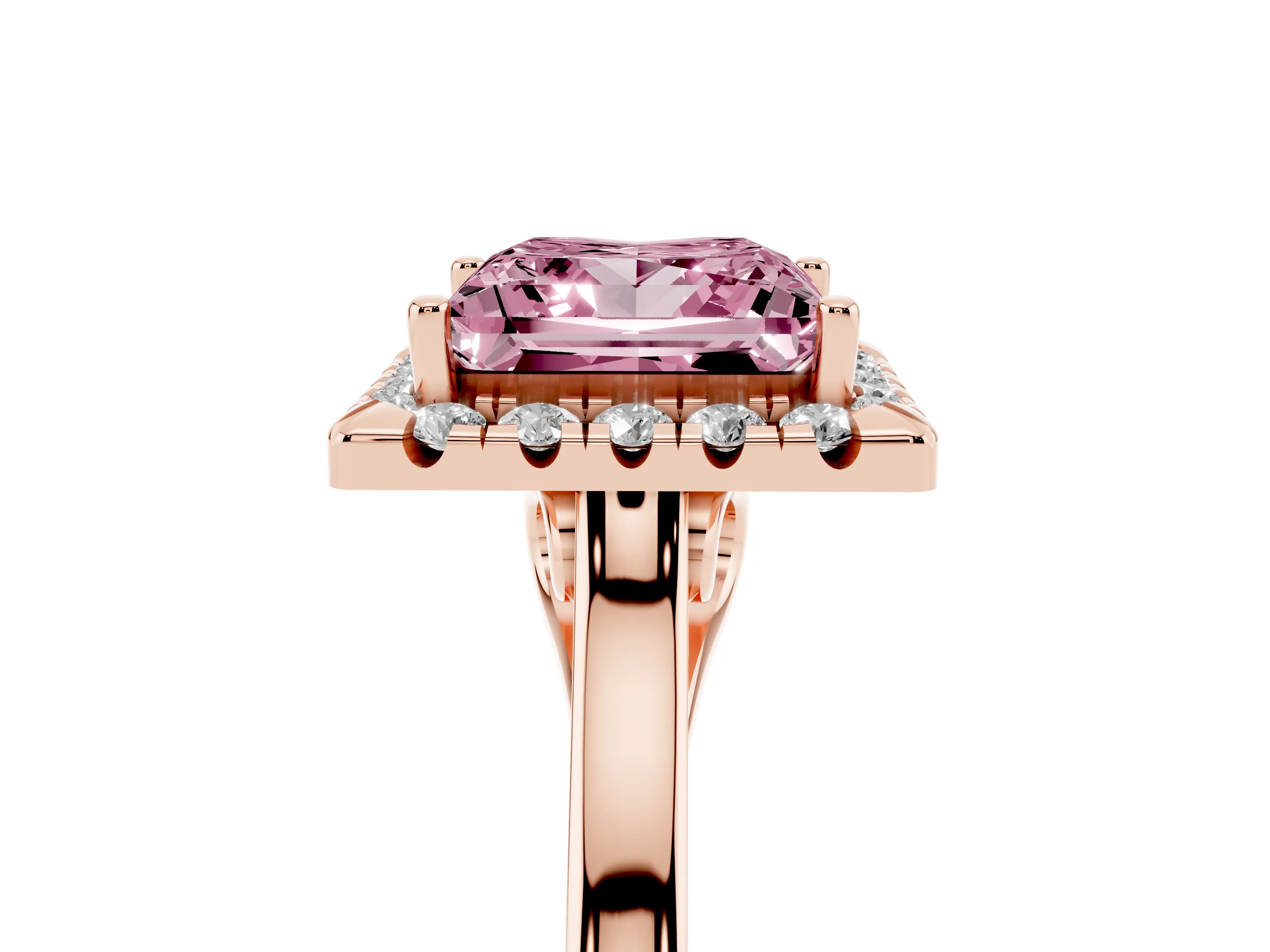 Fancy Pink Princess Cut Halo Round Diamond Solitaire Ring Set in Rose gold with Pavé Band and Prong Setting