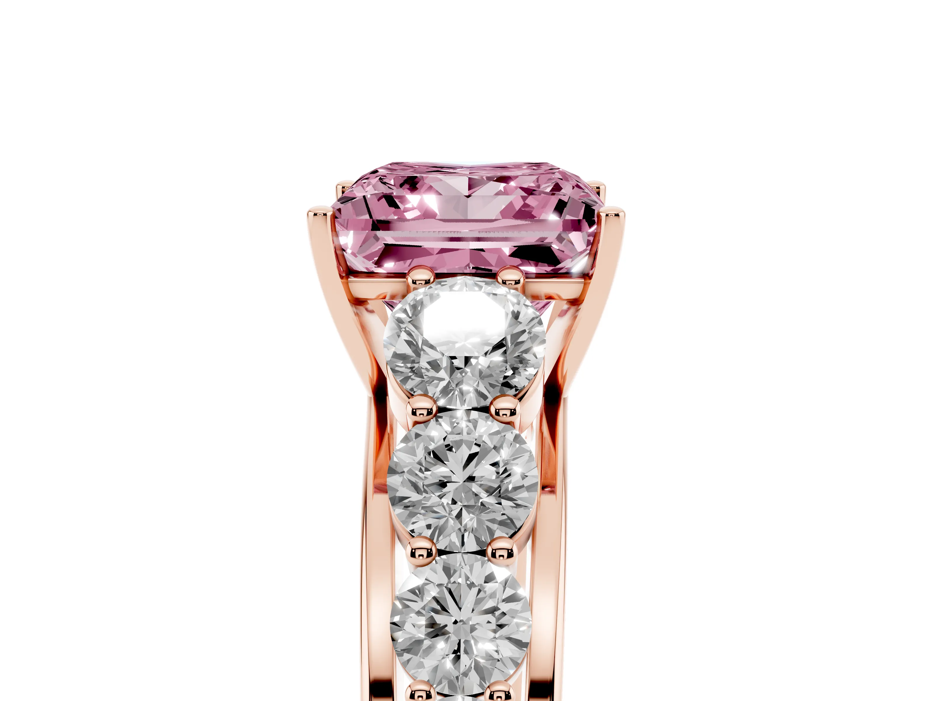 Fancy Pink Princess Cut Diamond Solitaire Ring Set in Rose gold with Pavé-Set Band and Prong Setting