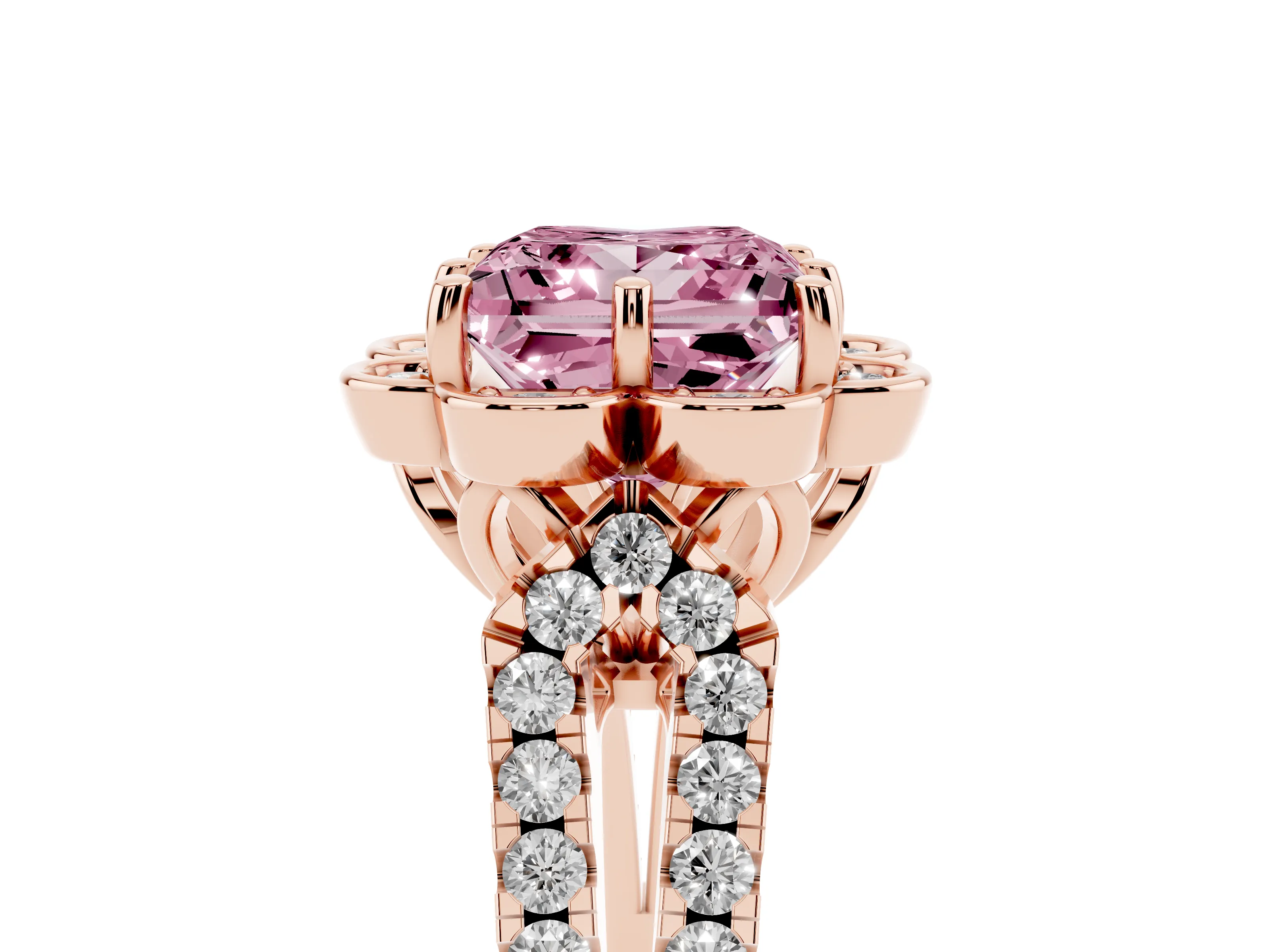 Fancy Pink Princess Cut Diamond Floral Halo Split Shank Engagement Ring Set in Rose gold with Pavé Shank