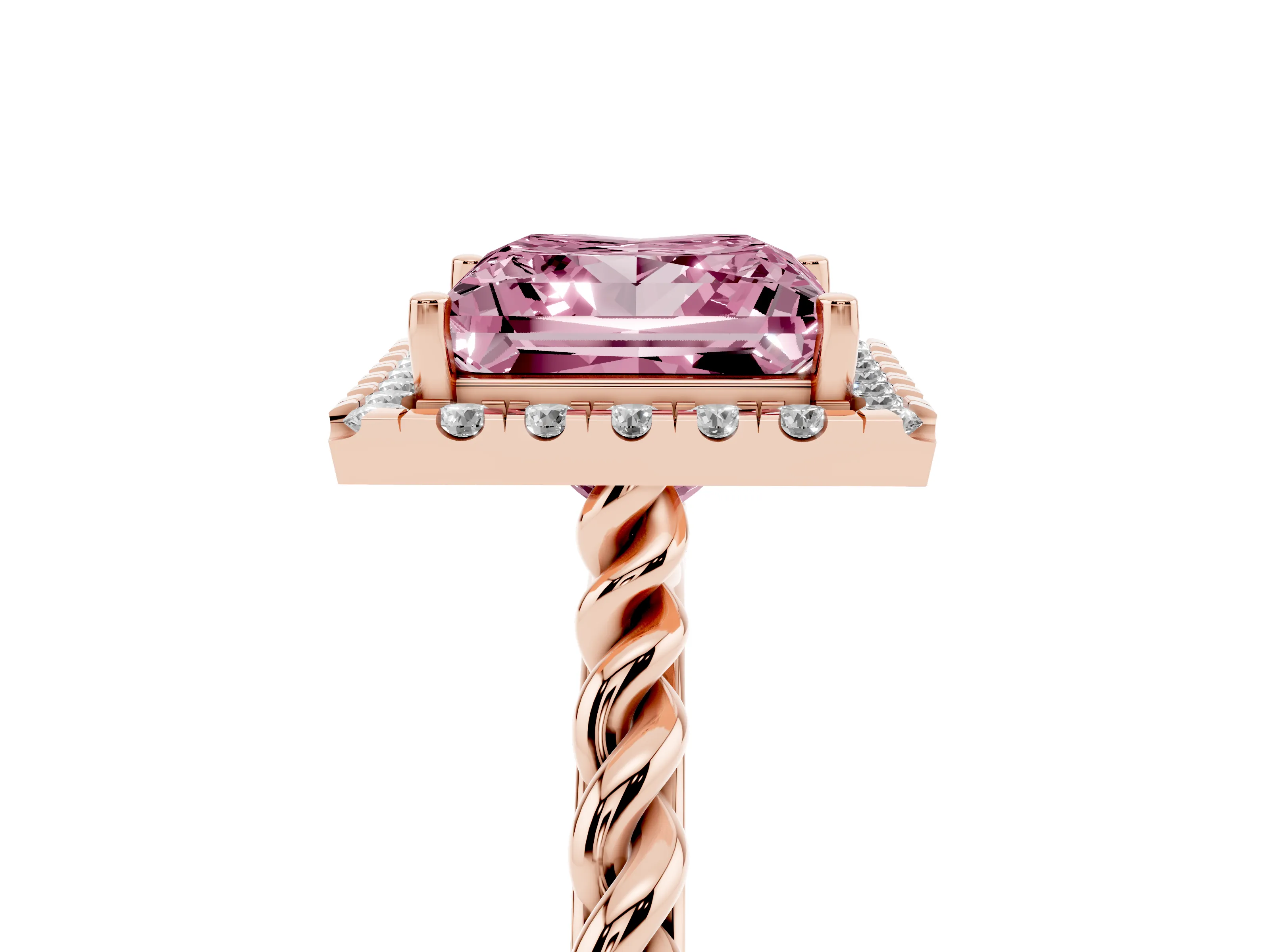 Fancy Pink Princess Cut Diamond Halo Ring Set in Rose gold with Plain Twisted Band