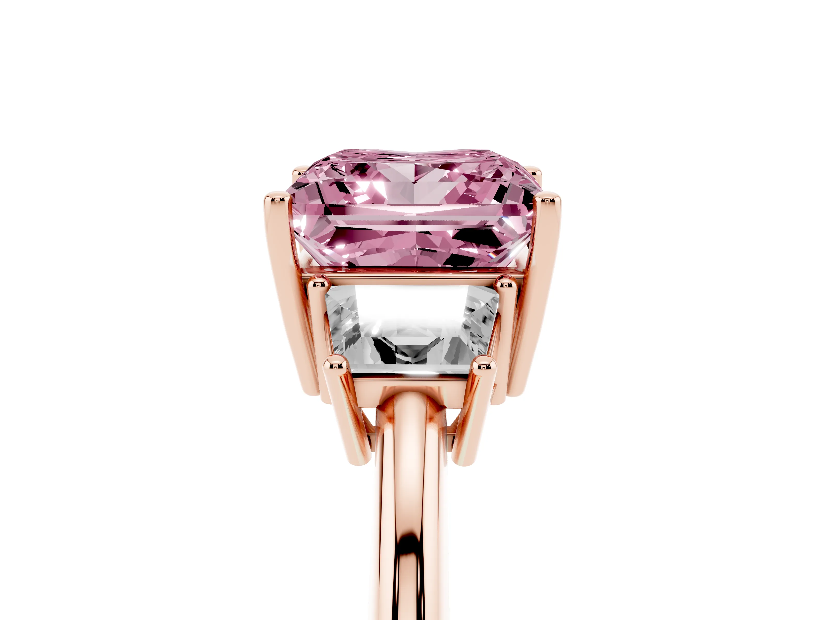 Fancy Pink Princess Cut Diamond Three-Stone Ring Set in Rose gold with Trapezoid Side Stones and Prong Setting
