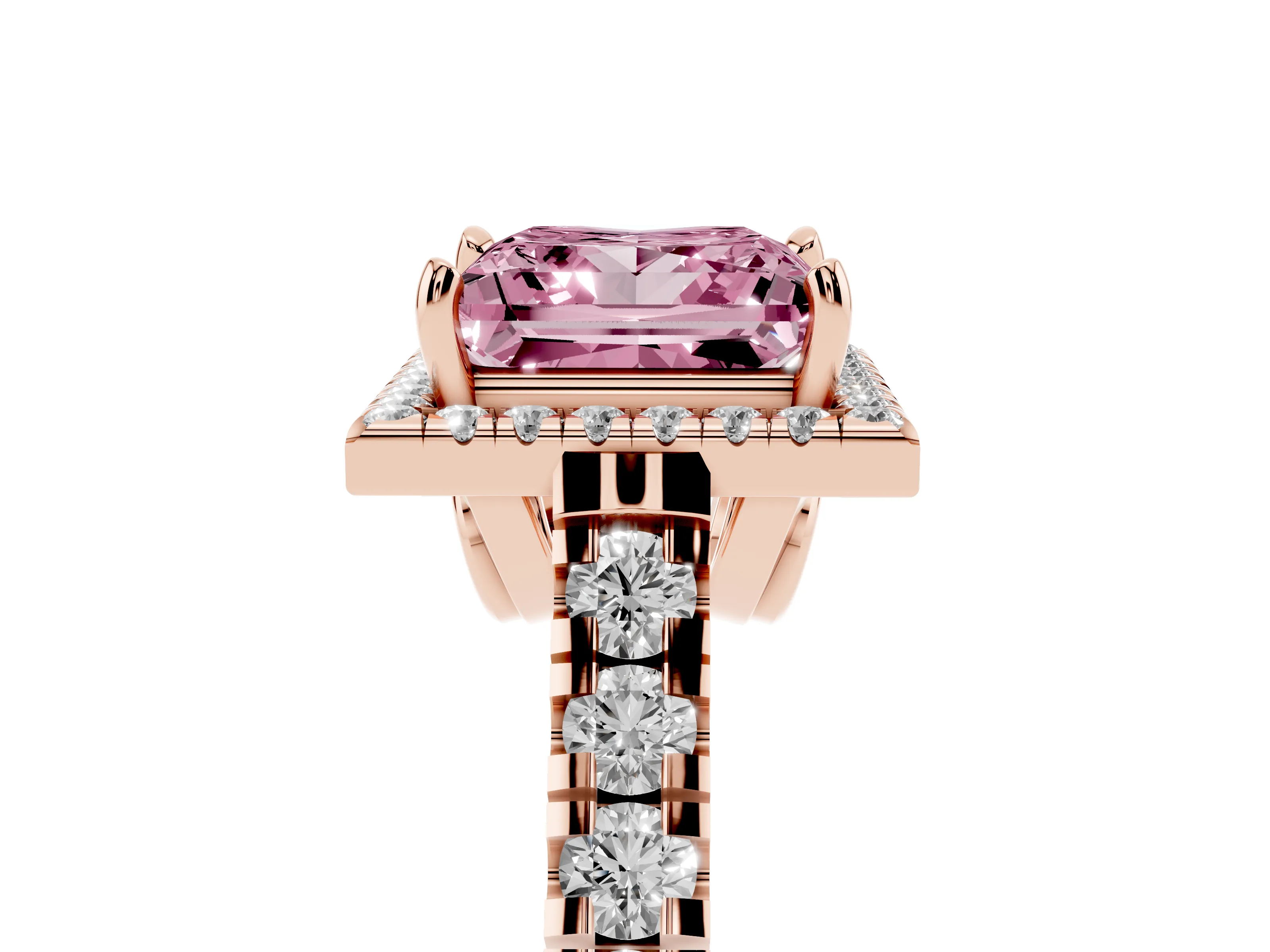 Fancy Pink Princess Cut Diamond Halo Engagement Ring Set in Rose gold with Pavé Band and Prong-Set Center