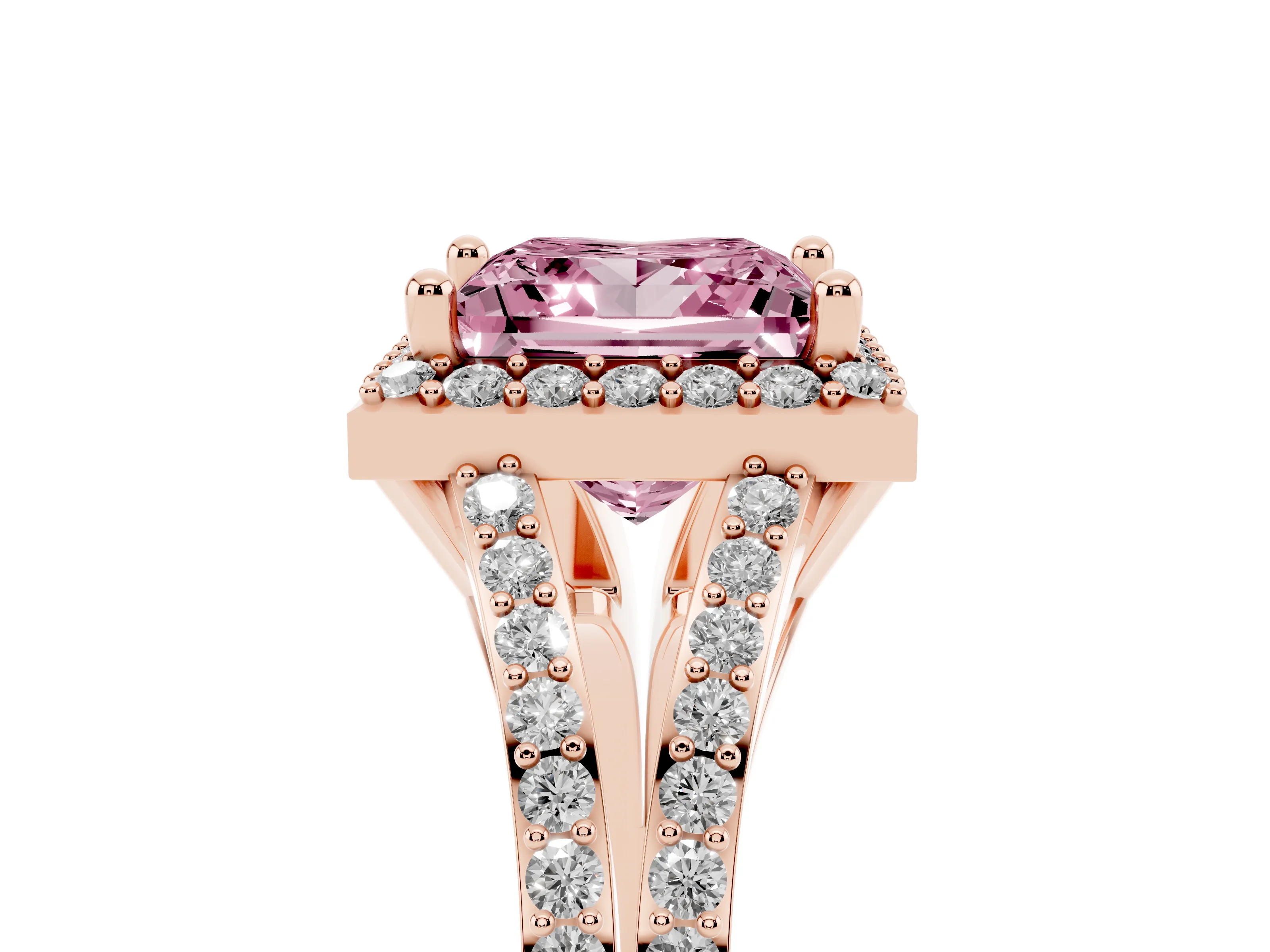Fancy Pink Princess Cut Diamond Halo Split Shank Pavé Ring Set in Rose gold with Prong Setting