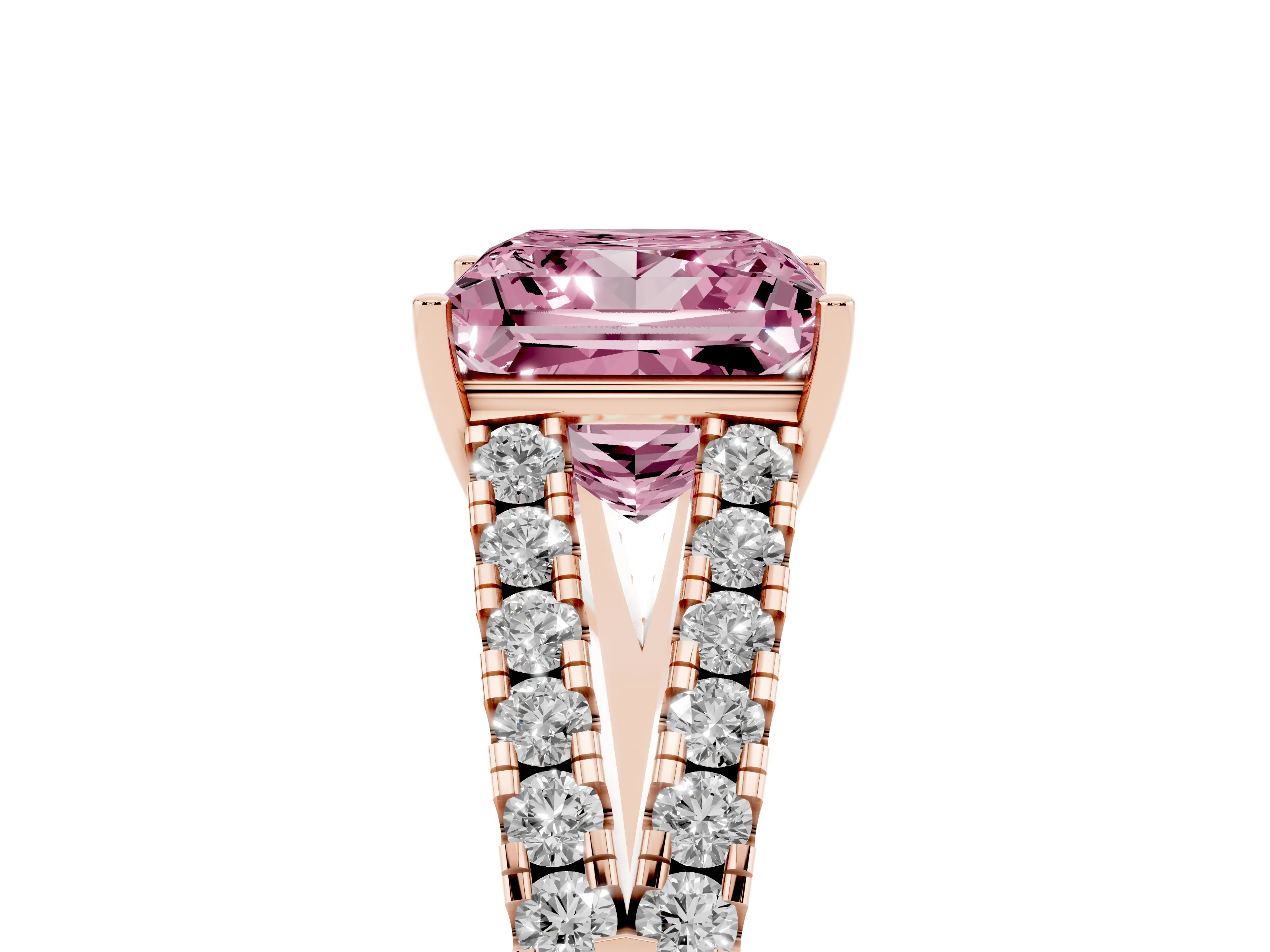 Fancy Pink Princess Cut Diamond Split Shank Pavé Engagement Ring Set in Rose gold with Prong-Held Center Stone