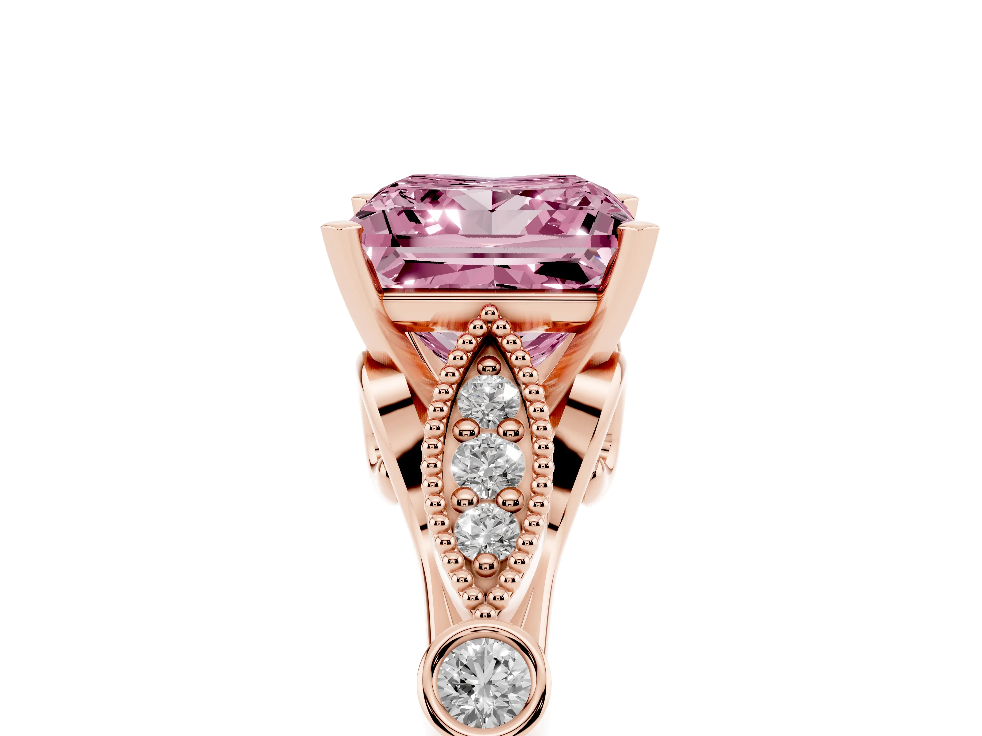 Fancy Pink Princess Cut Diamond Solitaire Ring Set in Rose gold with Milgrain Marquise and Bezel Accents