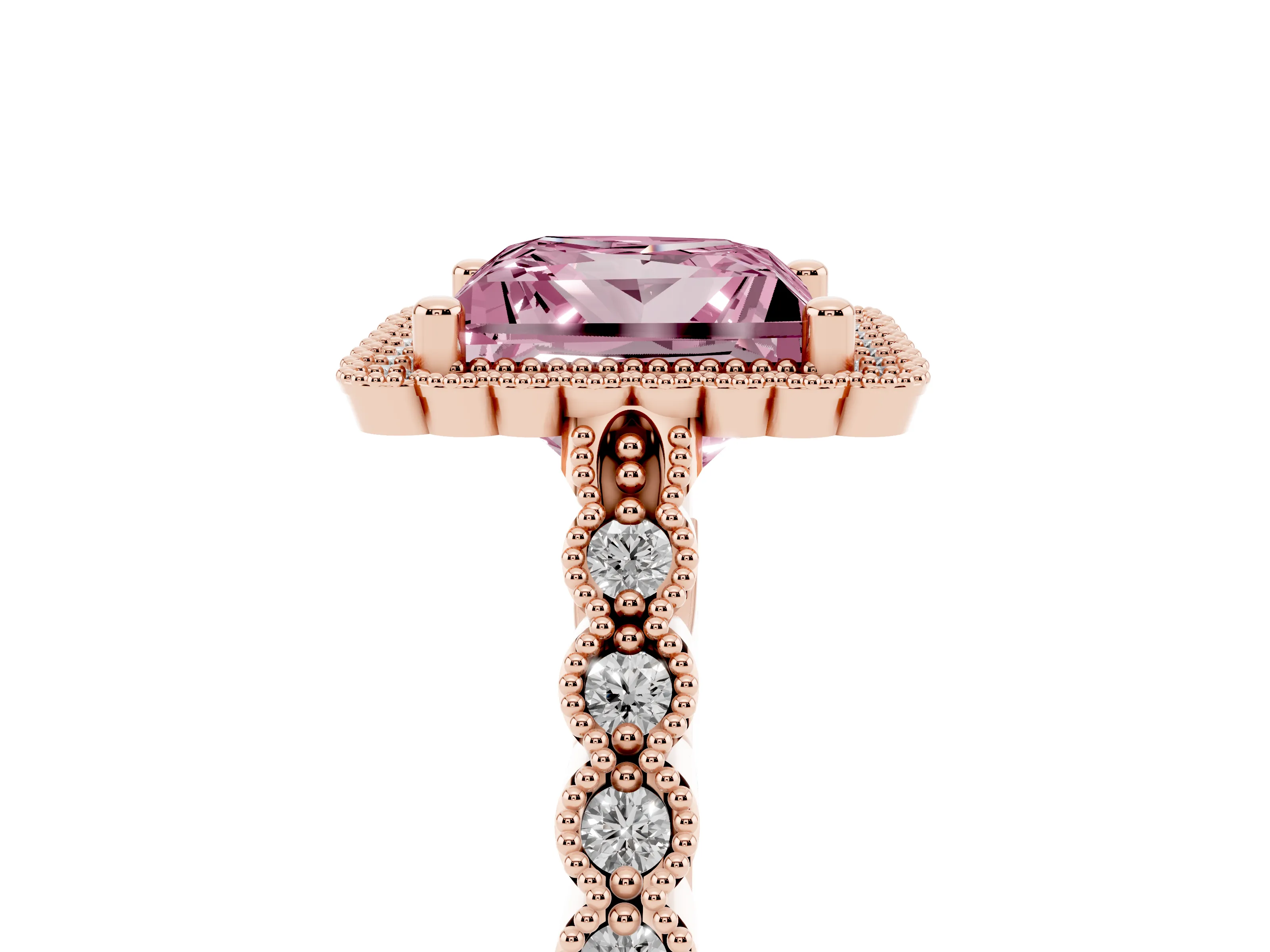 Fancy Pink Princess Cut Diamond Halo Ring Set in Rose gold with Pavé Milgrain Band