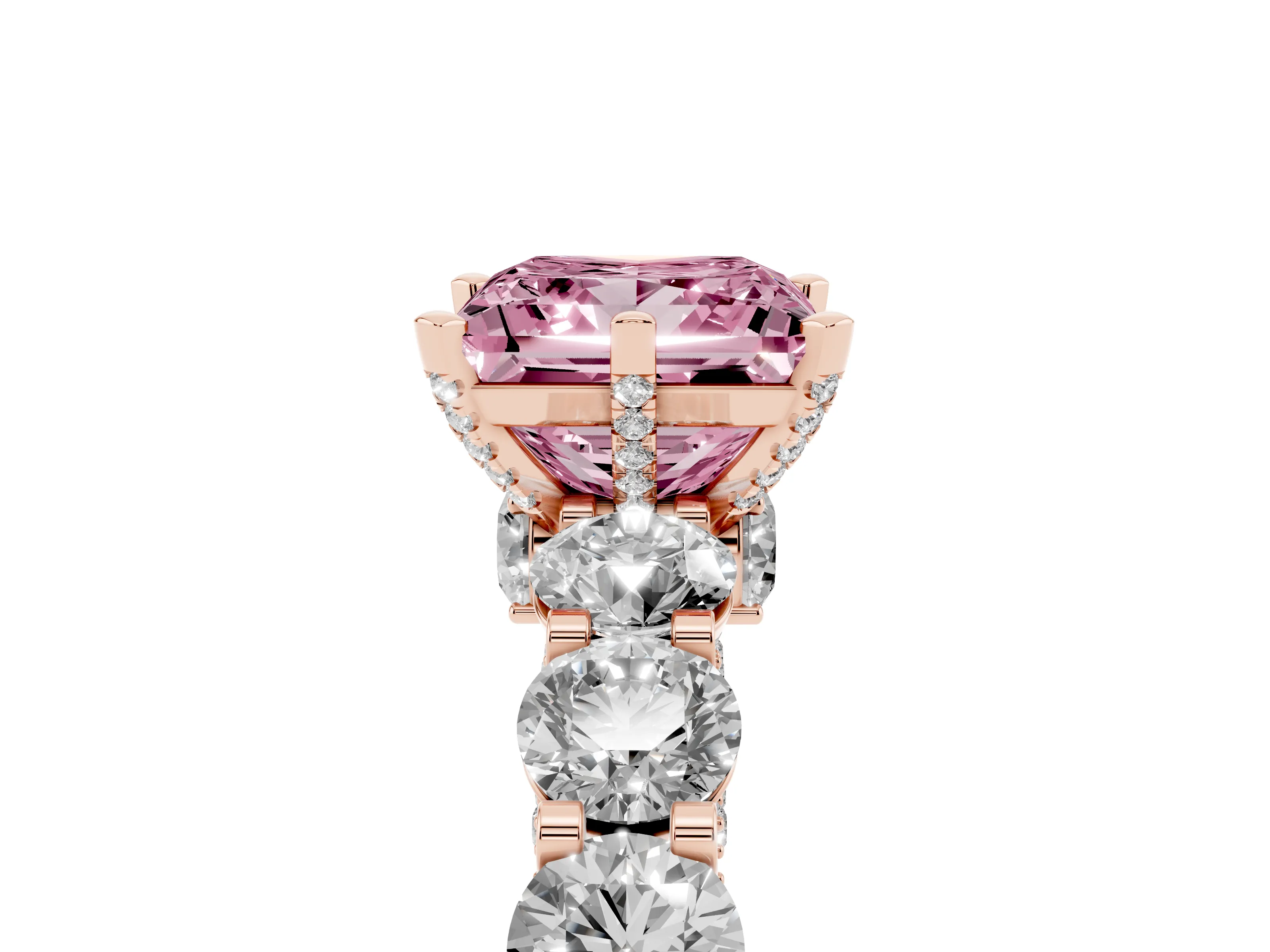 Fancy Pink Princess Cut Diamond Side Stone Ring Set in Rose gold with Alternating Round and Oval Side Stones