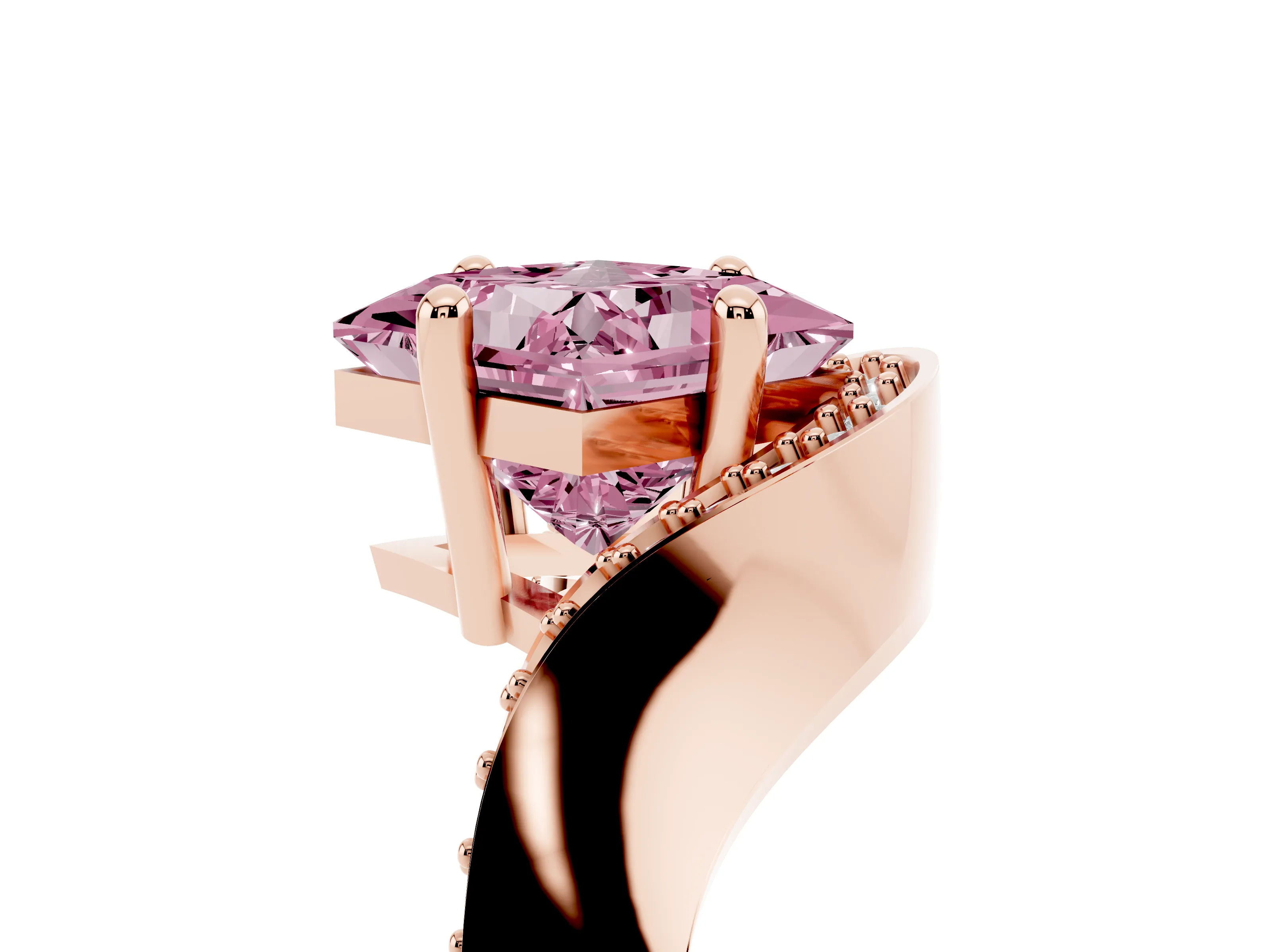 Fancy Pink Princess Cut Diamond Solitaire Engagement Ring Set in Rose gold with Pavé Shoulders