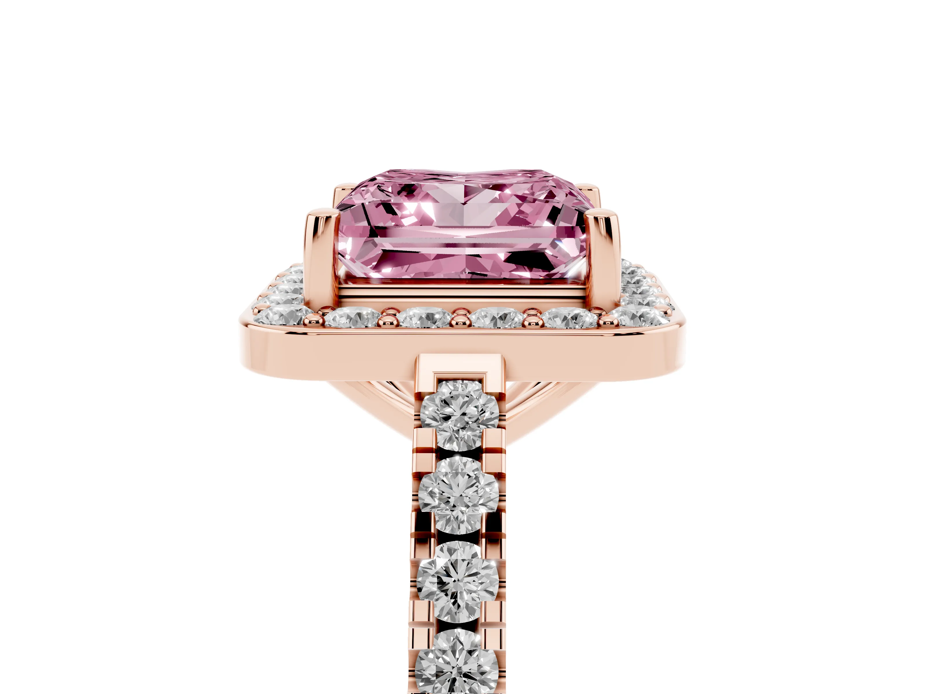 Fancy Pink Princess Cut Diamond Halo Ring Set in Rose gold with Round Pavé Split Shank and Prong Setting