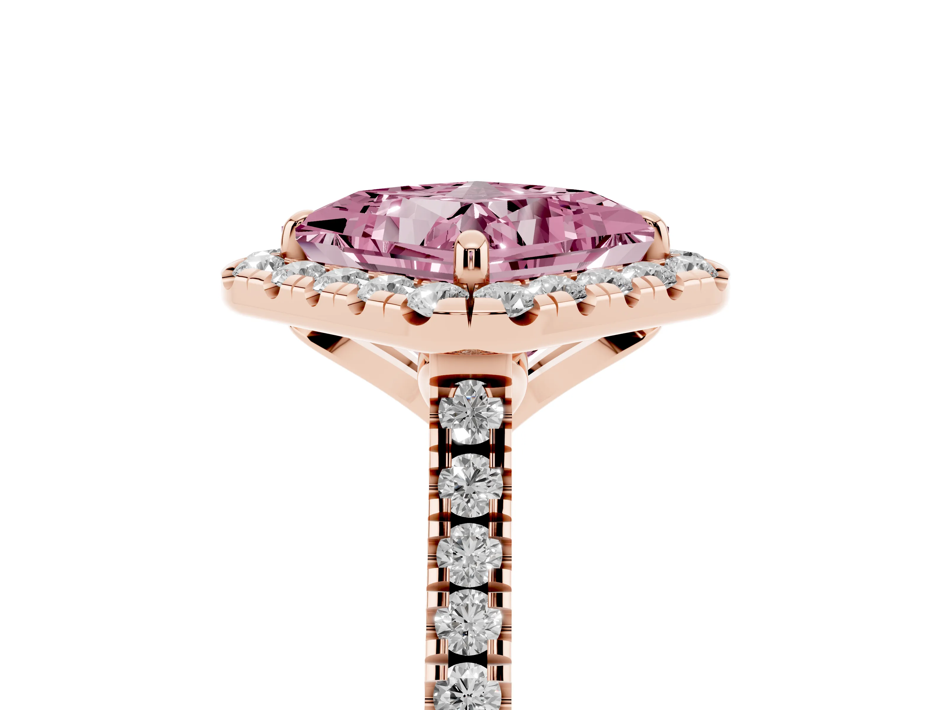 Fancy Pink Princess Cut Diamond Cushion Halo Ring Set in Rose gold with Pavé Band