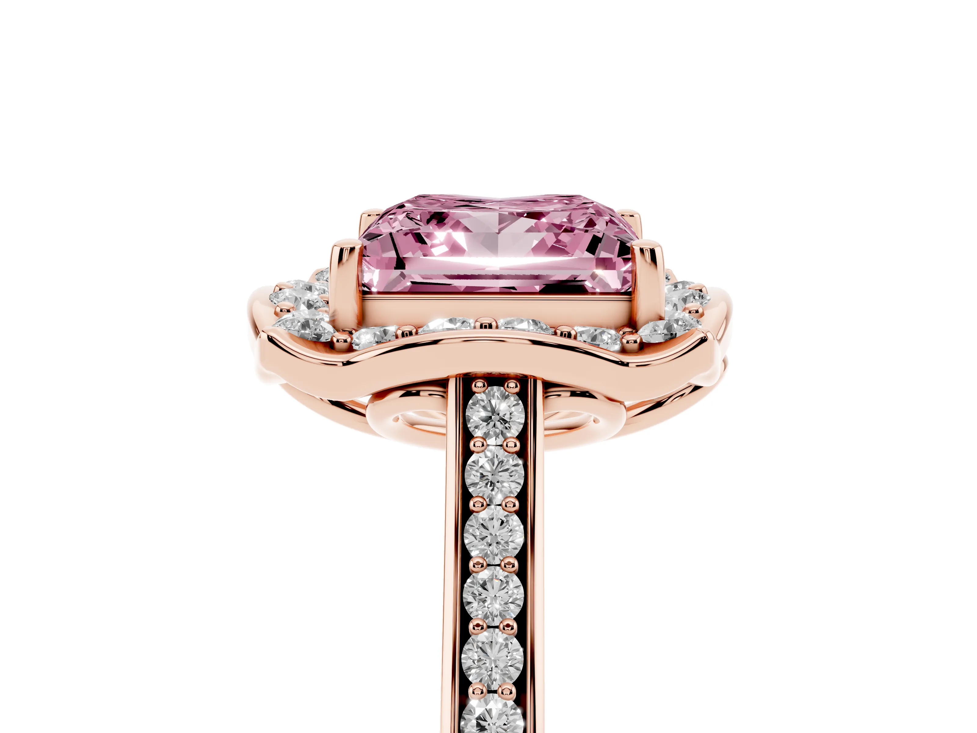 Fancy Pink Princess Cut Diamond Halo Ring Set in Rose gold with Pavé-Lined Shoulders and Prong Setting