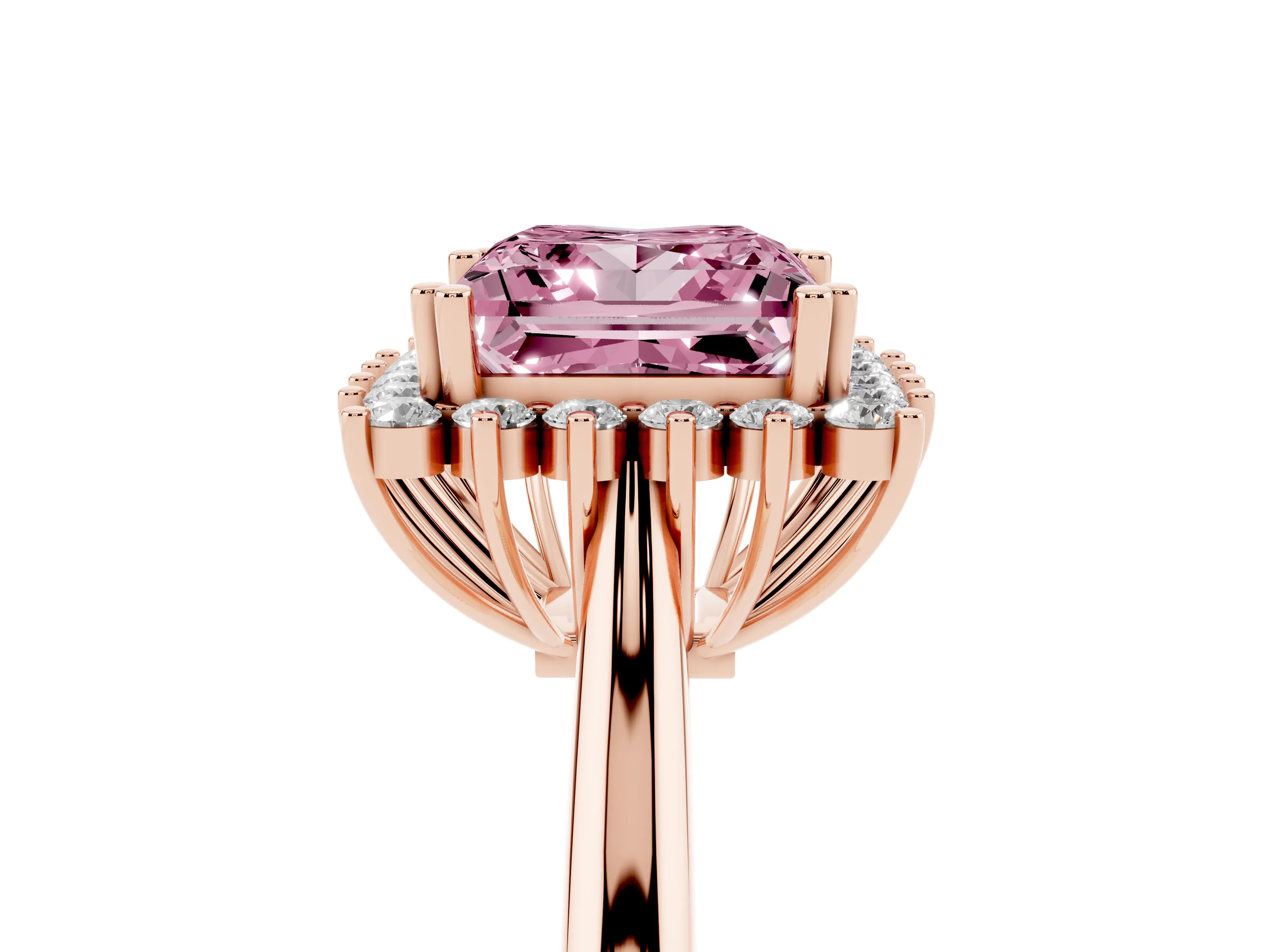 Fancy Pink Princess Cut Diamond Halo Ring Set in Rose gold with Plain Solitaire Band and Prong Setting