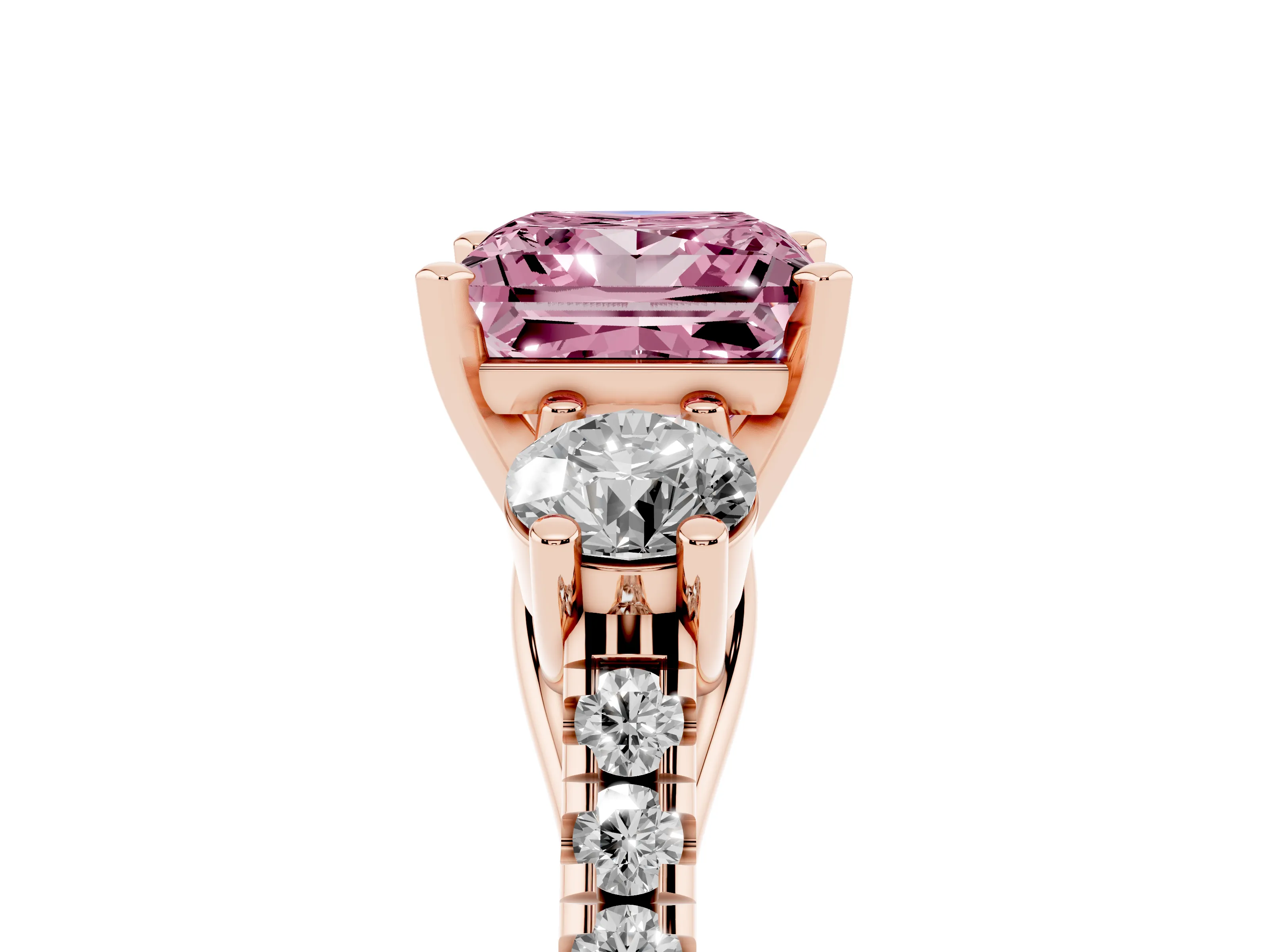 Fancy Pink Three-Stone Princess Cut Diamond Pavé Band Ring Set in Rose gold with Prong-Set Trio