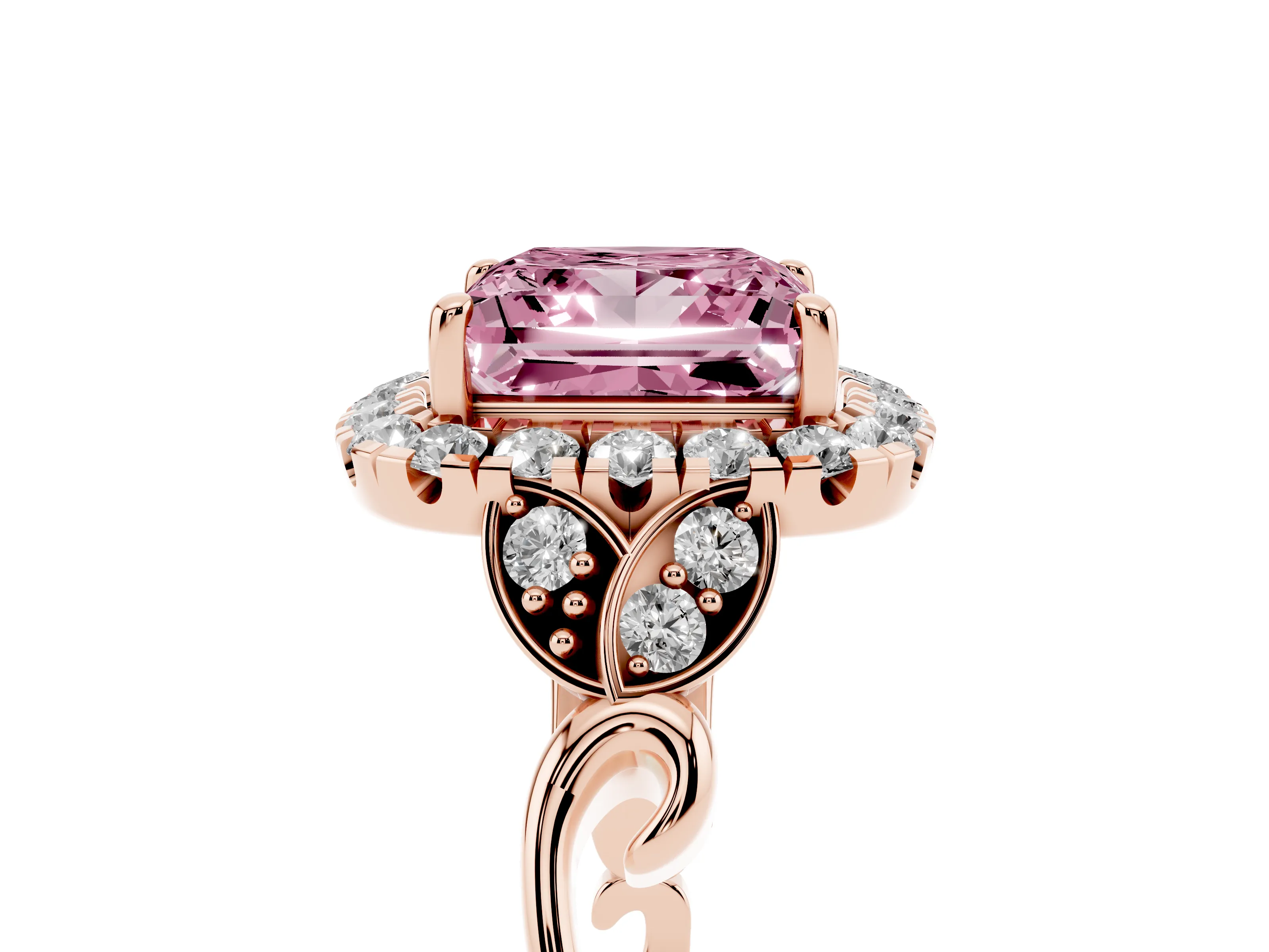 Fancy Pink Princess Cut Diamond Halo Engagement Ring Set in Rose gold with Vintage-Inspired Band and Prong Setting