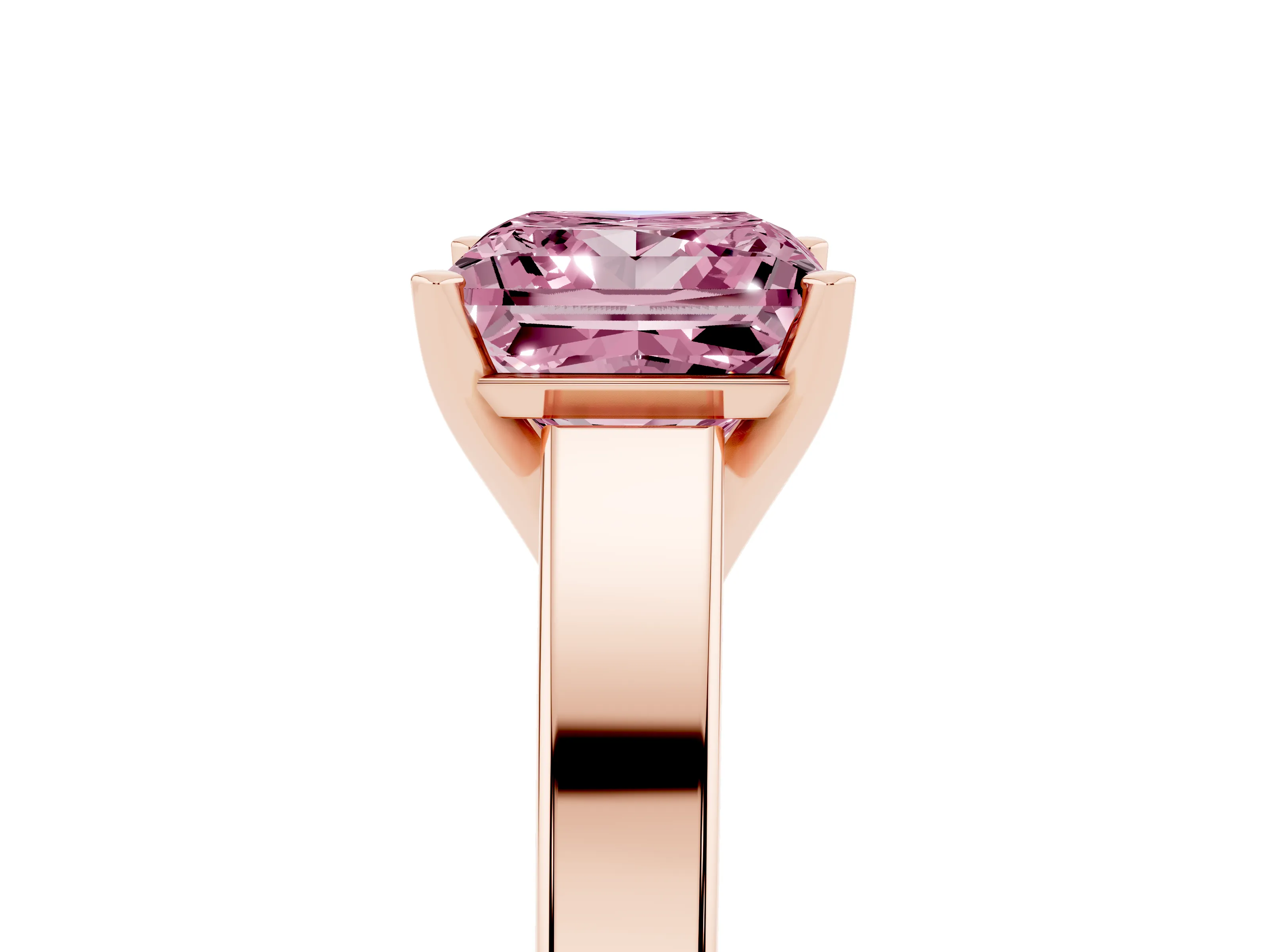 Fancy Pink Princess Cut Diamond Solitaire Engagement Ring Set in Rose gold with Prong Setting and Tapered Band