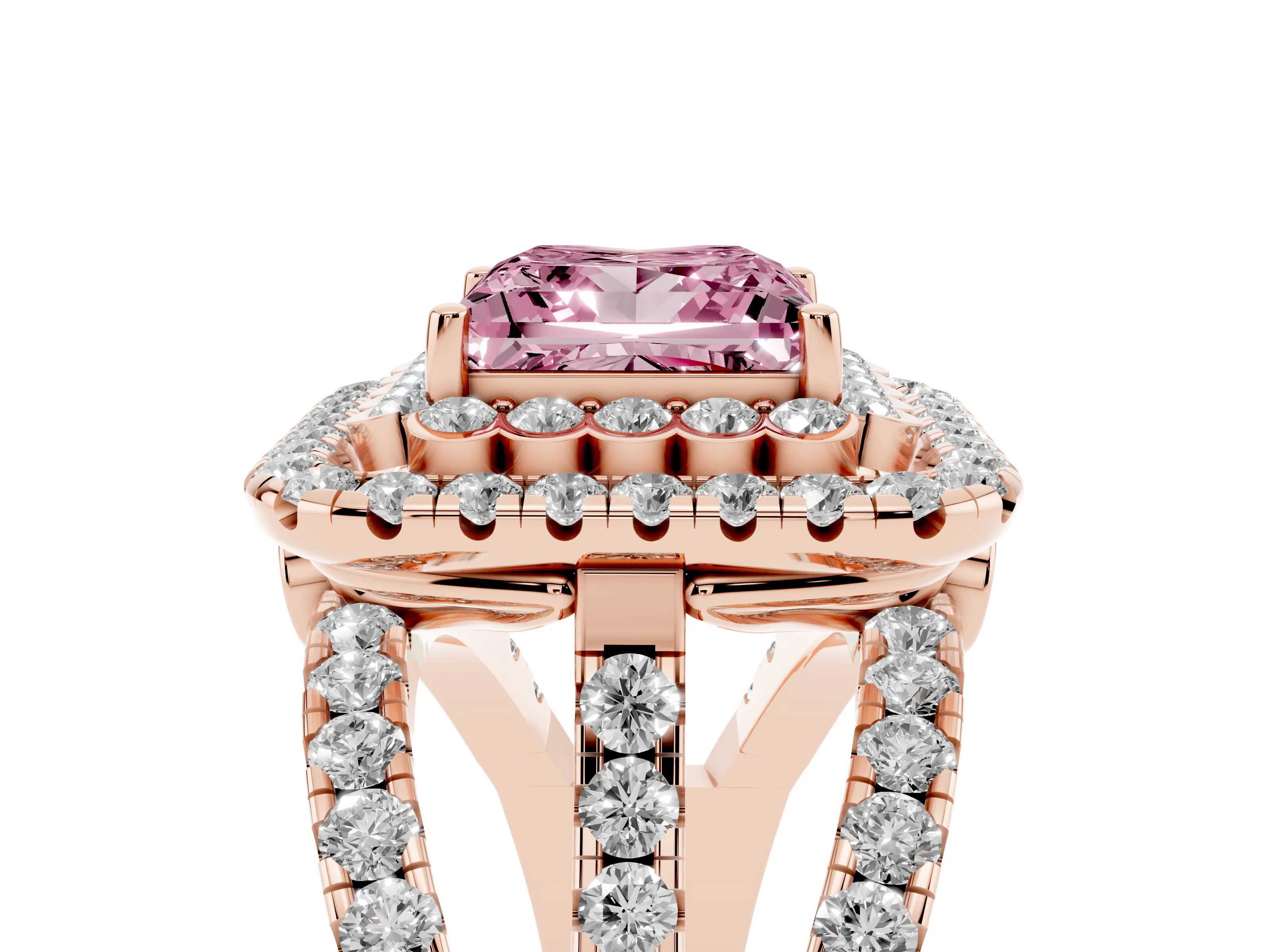 Fancy Pink Princess Cut Diamond Double Halo Ring Set in Rose gold with Round Pavé Split Shank