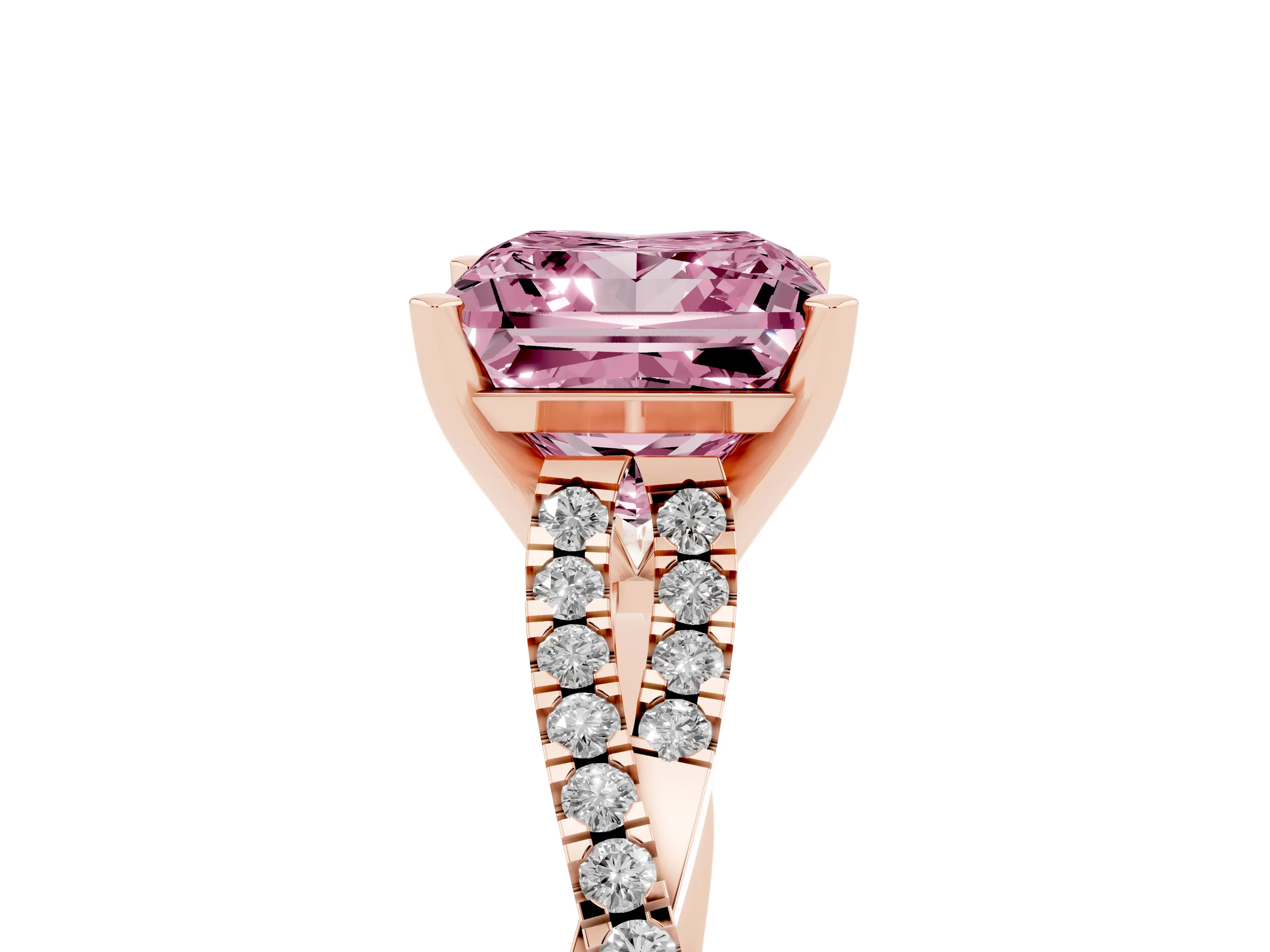 Fancy Pink Princess Cut Diamond Solitaire Engagement Ring Set in Rose gold with Twisted Pavé Band and Prong Setting