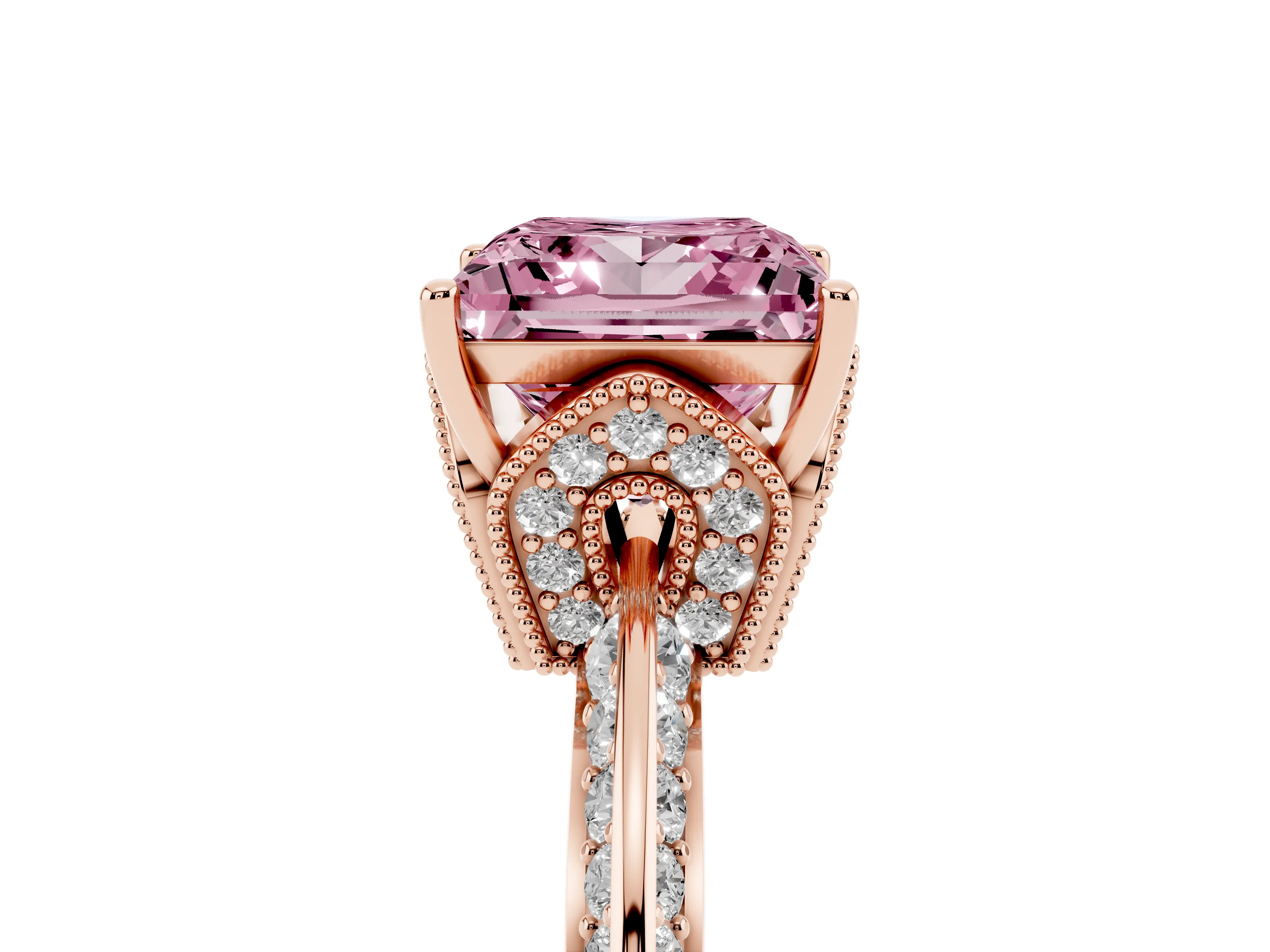 Fancy Pink Princess Cut Diamond Solitaire Engagement Ring Set in Rose gold with Pavé Split Shank and Prong Setting