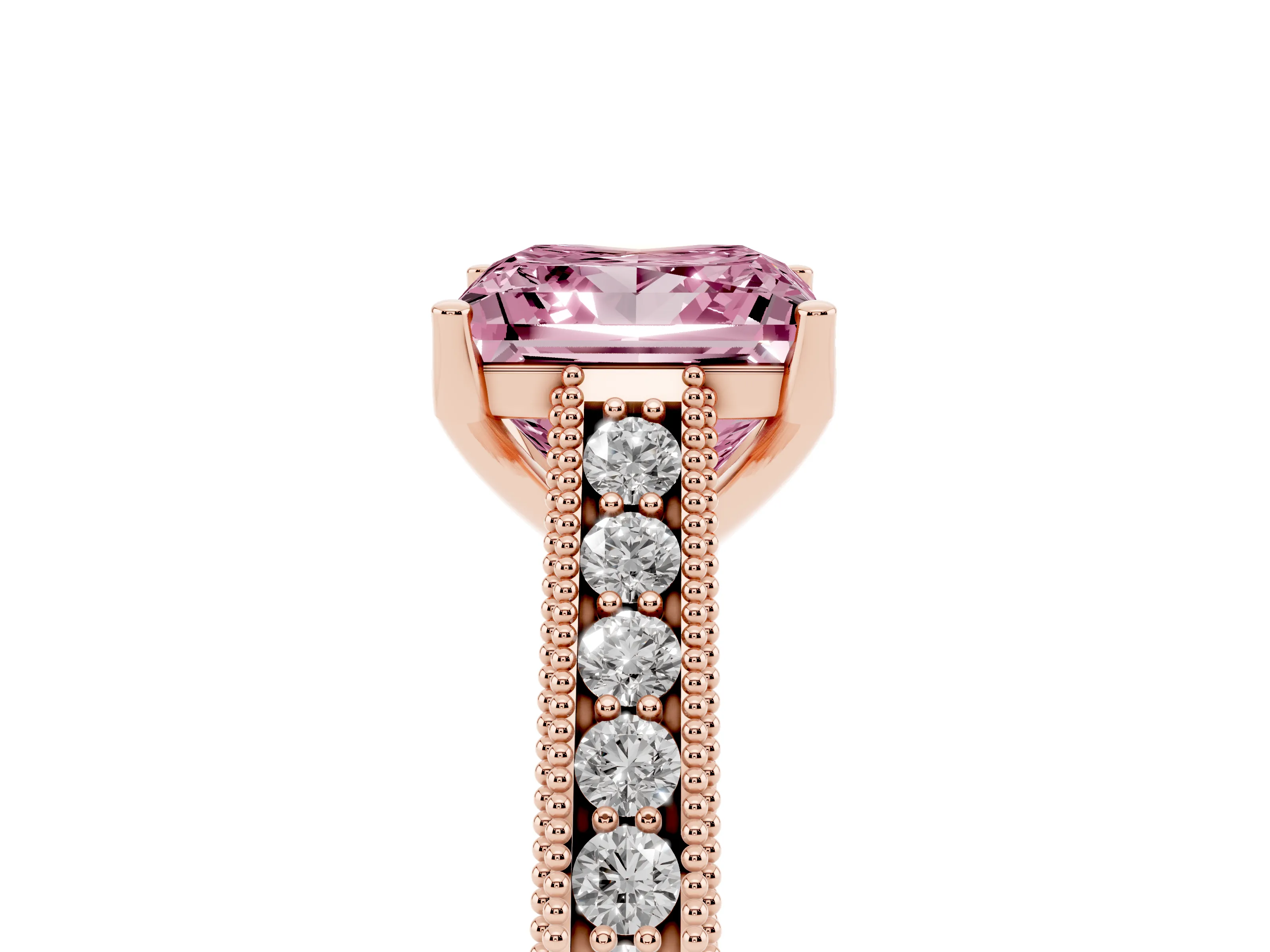 Fancy Pink Princess Cut Diamond Milgrain Pavé Band Solitaire Ring Set in Rose gold with Prong Setting