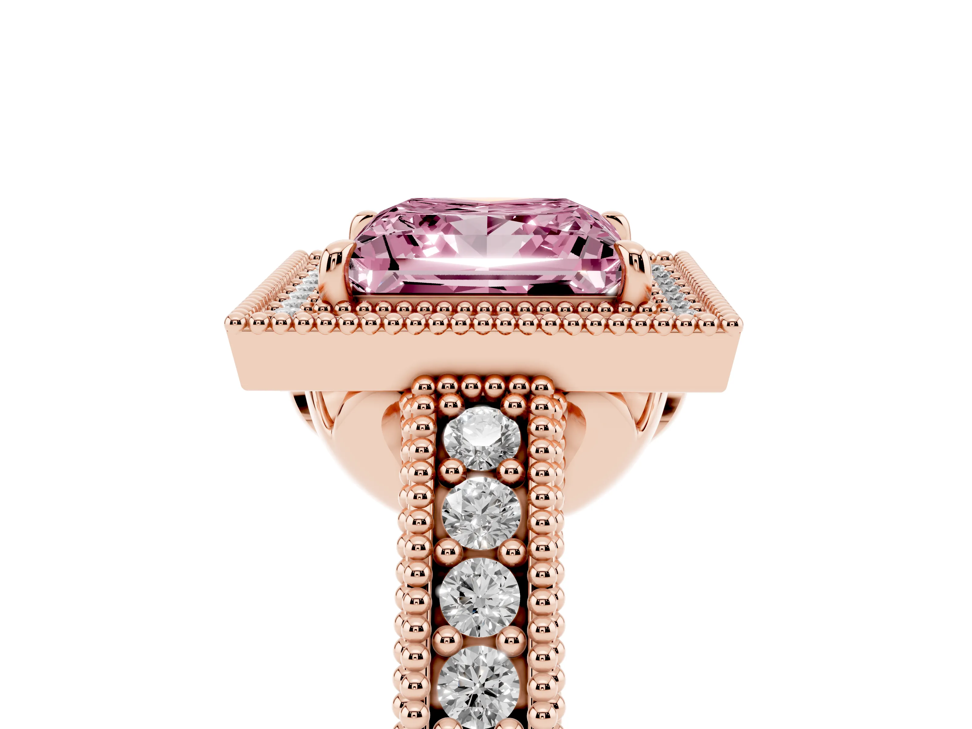 Fancy Pink Princess Cut Diamond Halo Ring Set in Rose gold with Round Accent Halo, Pavé Band and Prong Setting