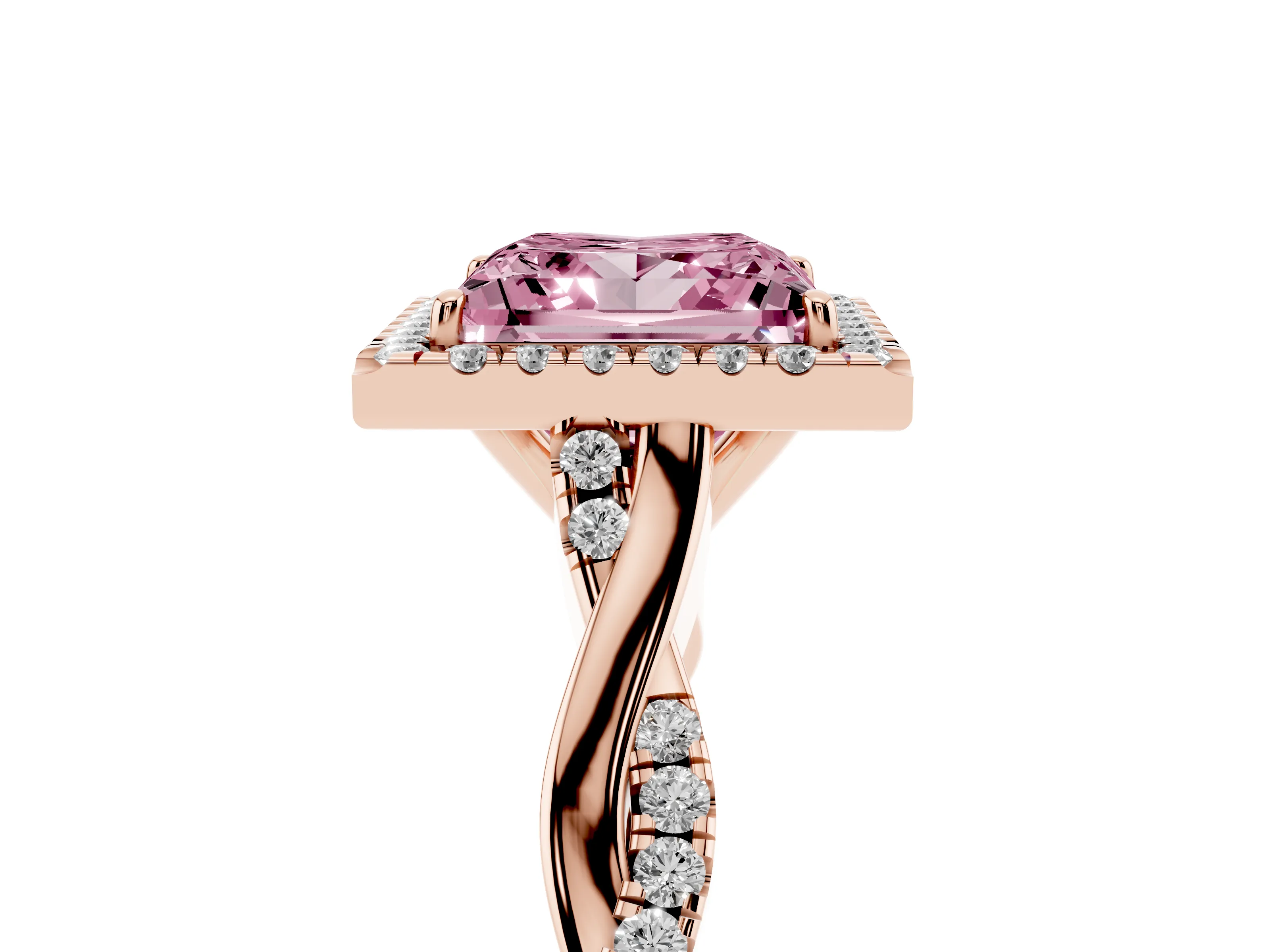 Fancy Pink Princess Cut Diamond Halo Twist Band Solitaire Ring Set in Rose gold with Prong Setting