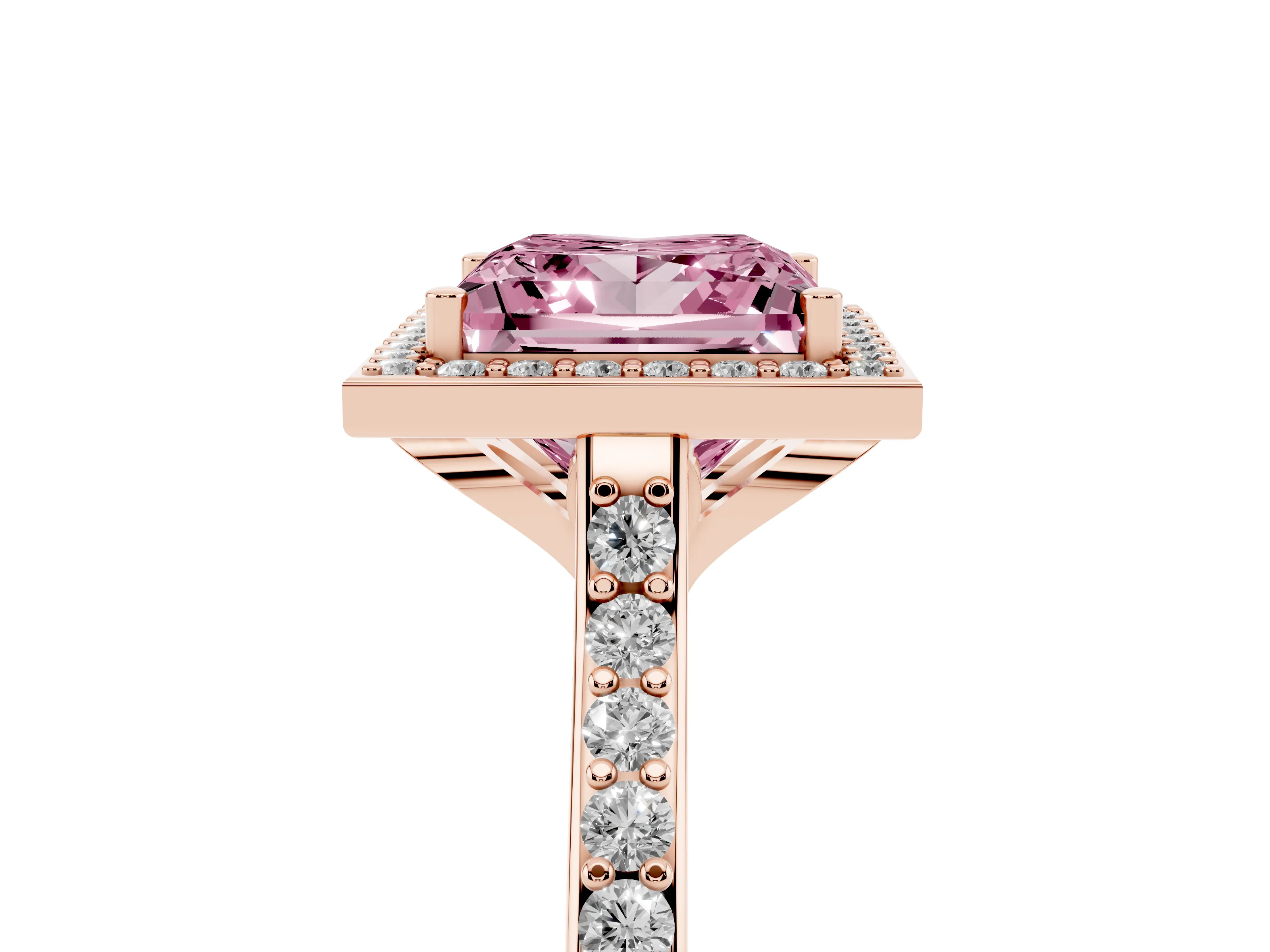 Fancy Pink Princess Cut Diamond Halo Engagement Ring Set in Rose gold with Round Pavé Shoulders and Heart Gallery