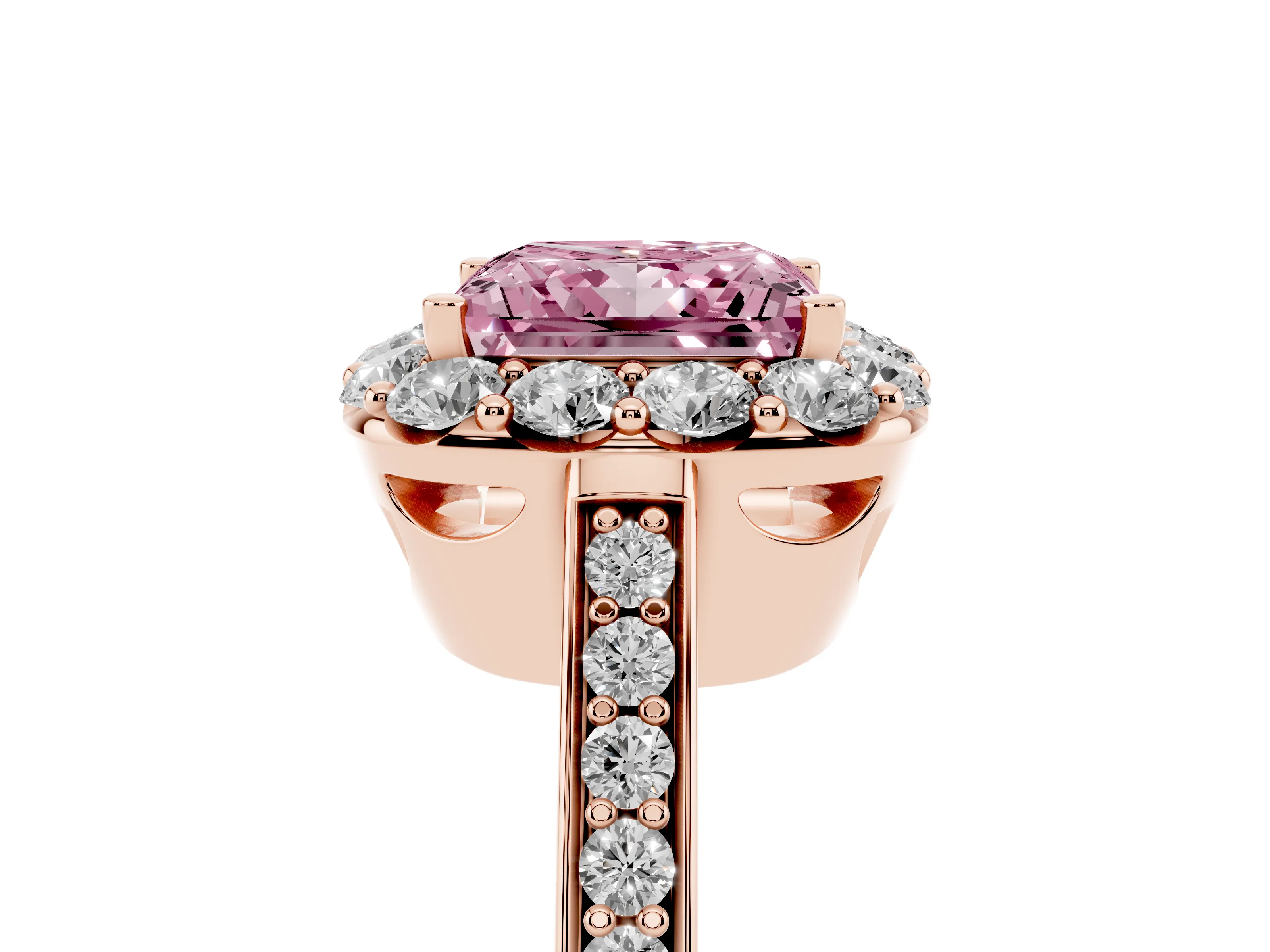 Fancy Pink Princess Cut Diamond Floral Halo Ring Set in Rose gold with Pavé Band and Prong Setting