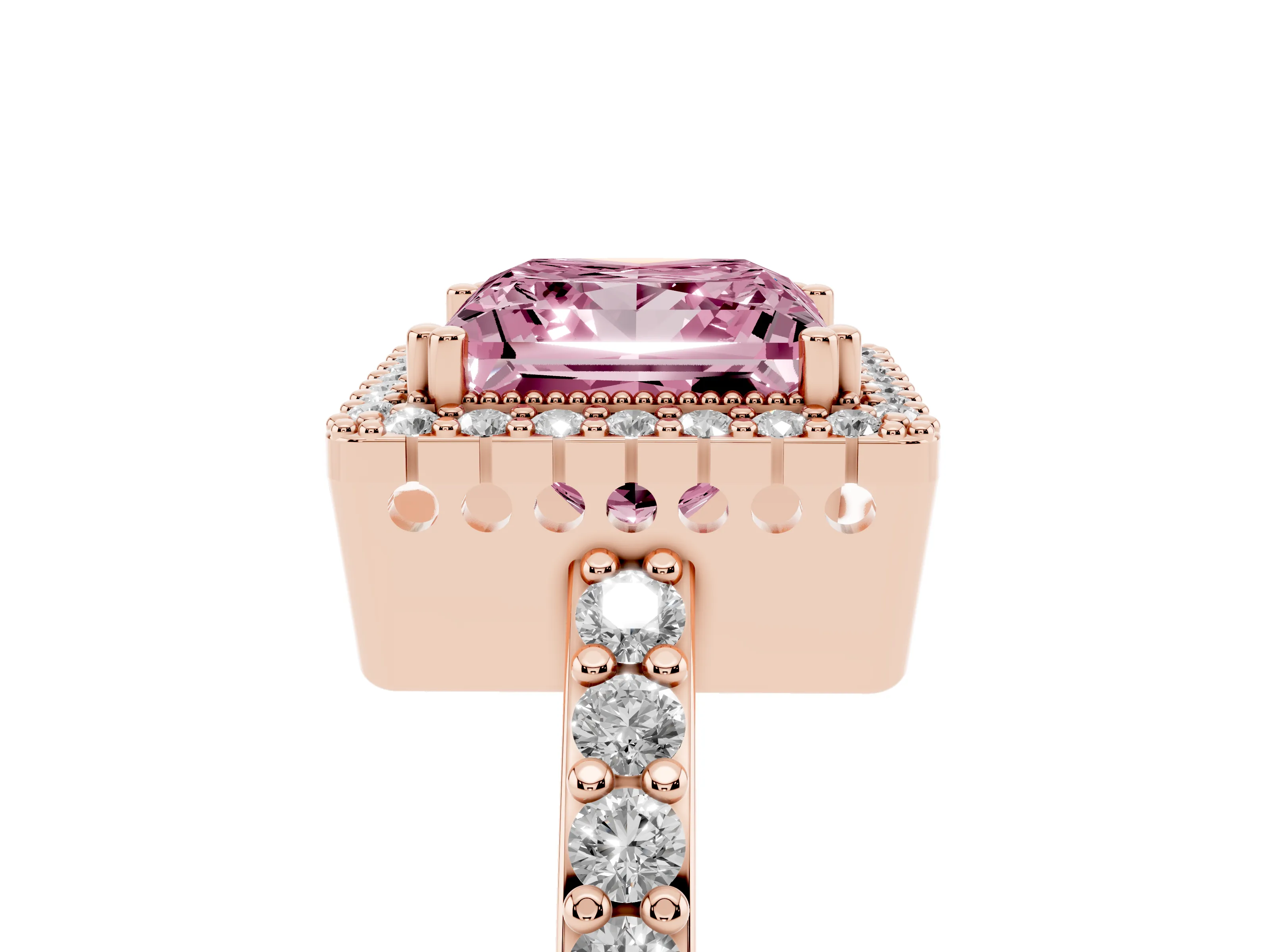 Fancy Pink Princess Cut Diamond Halo Engagement Ring Set in Rose gold with Milgrain Detail and Pavé Band