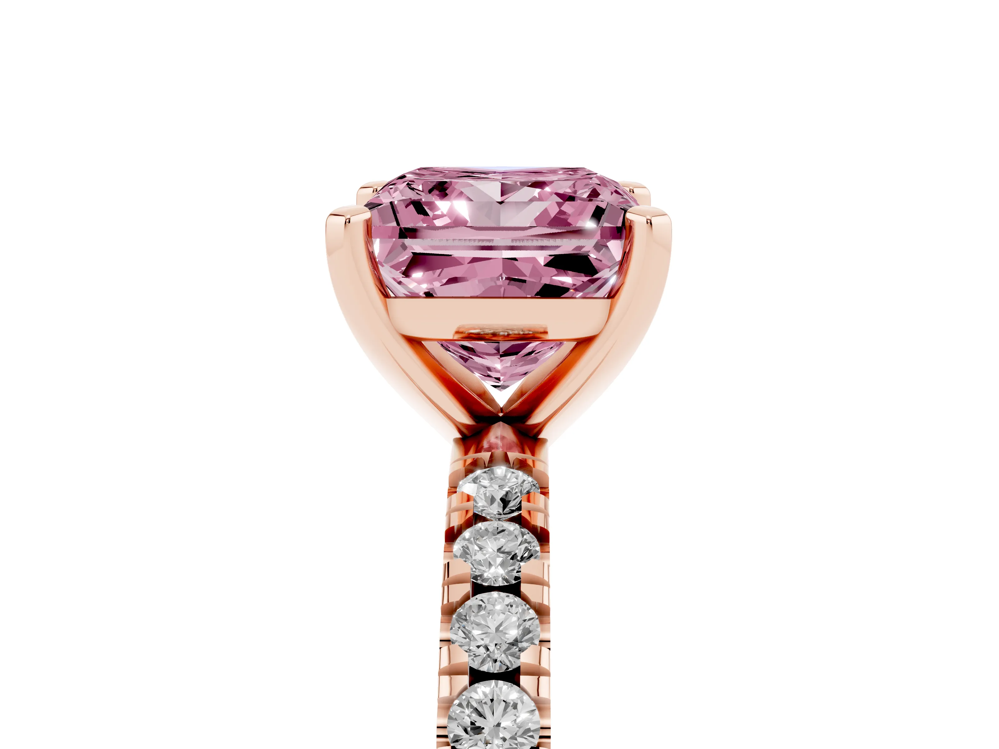 Fancy Pink Princess Cut Diamond Pavé Band Solitaire Set in Rose gold with Prong Setting