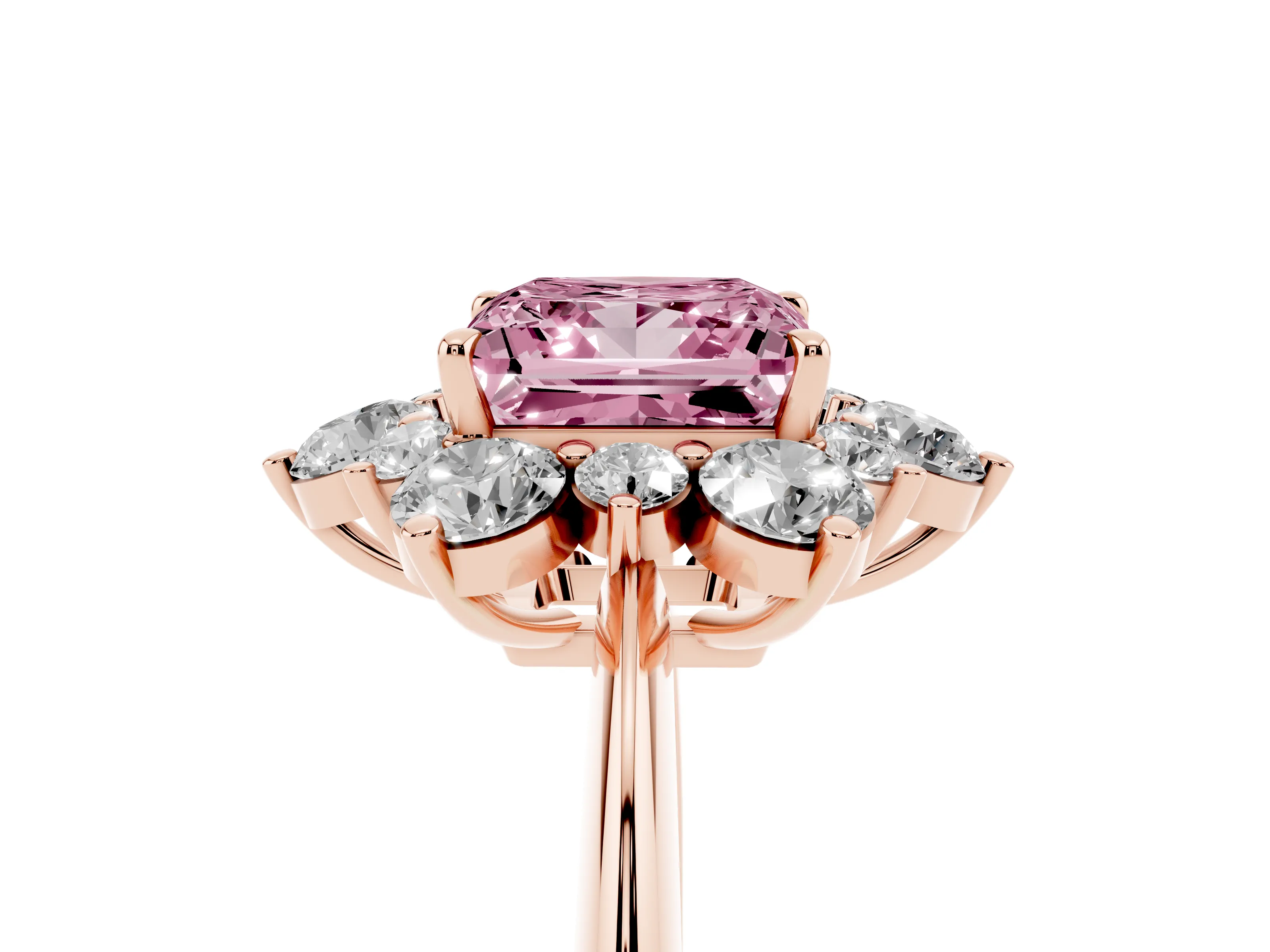 Fancy Pink Princess Cut Diamond Cluster Halo Ring Set in Rose gold with Solitaire Band and Prong Setting