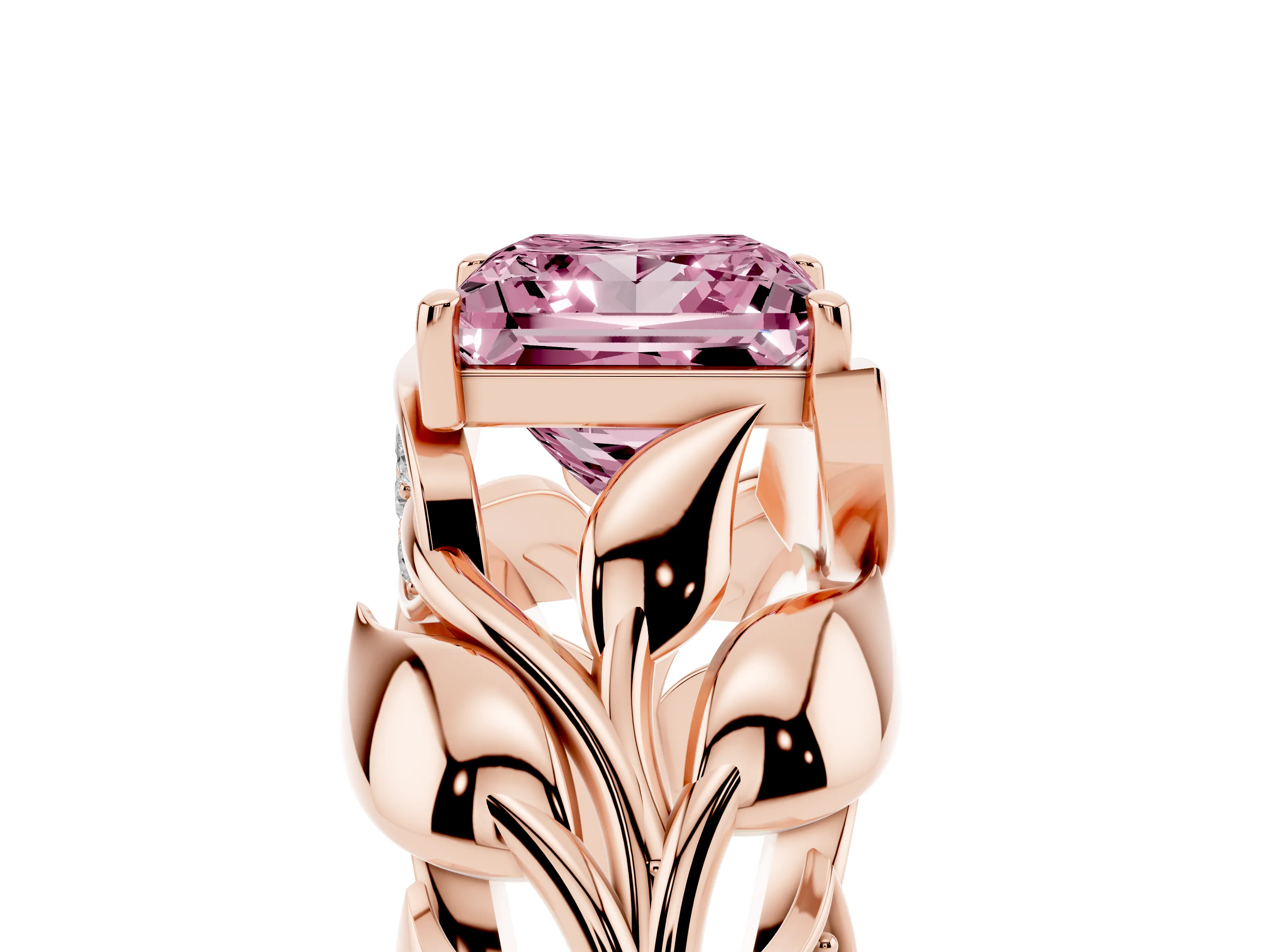 Fancy Pink Princess Cut Diamond Leaf-Inspired Engagement Ring Set in Rose gold with Round Accents