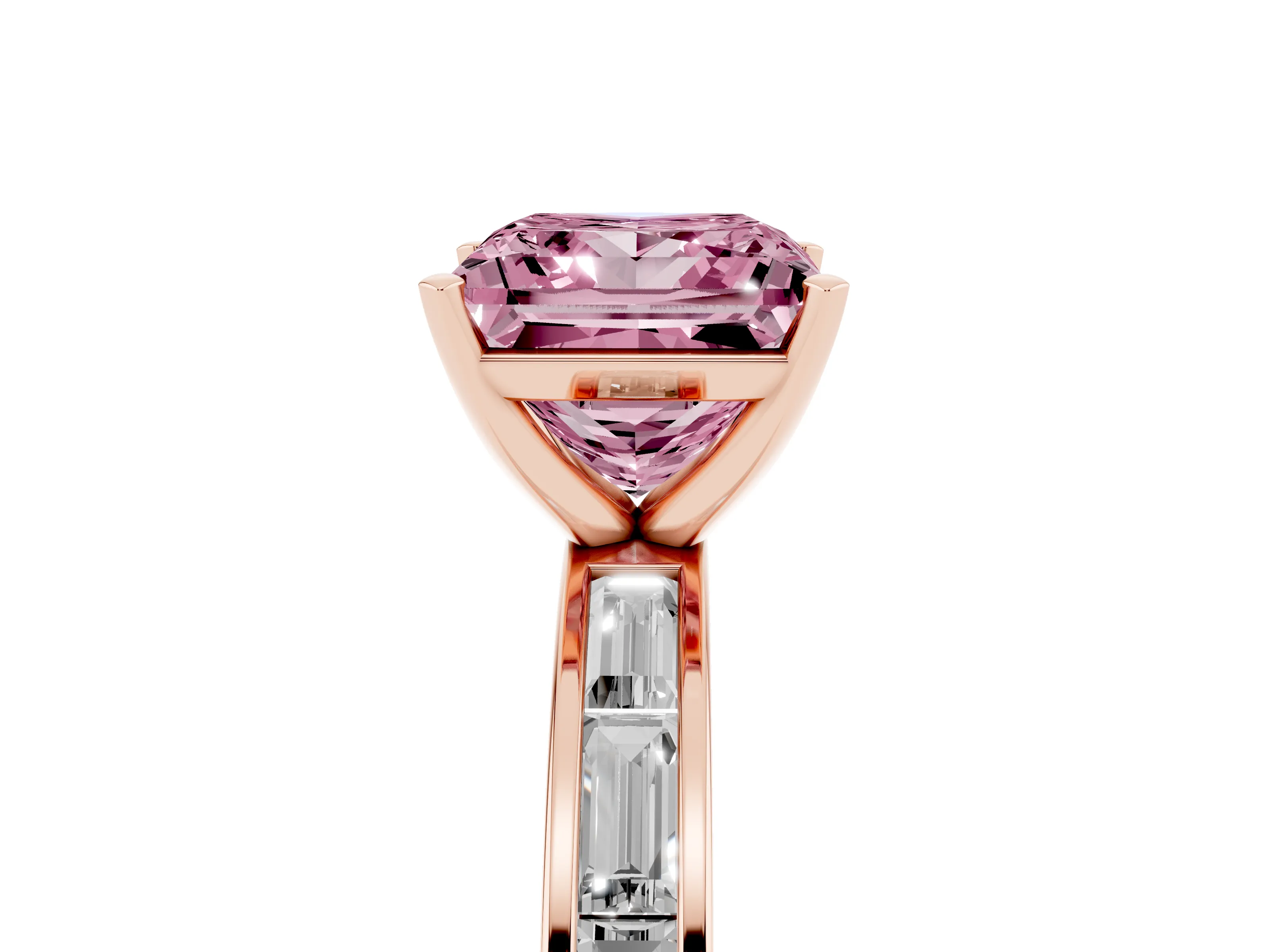 Fancy Pink Princess Cut Diamond Solitaire Ring Set in Rose gold with Channel-Set Baguette Band and Prong Setting