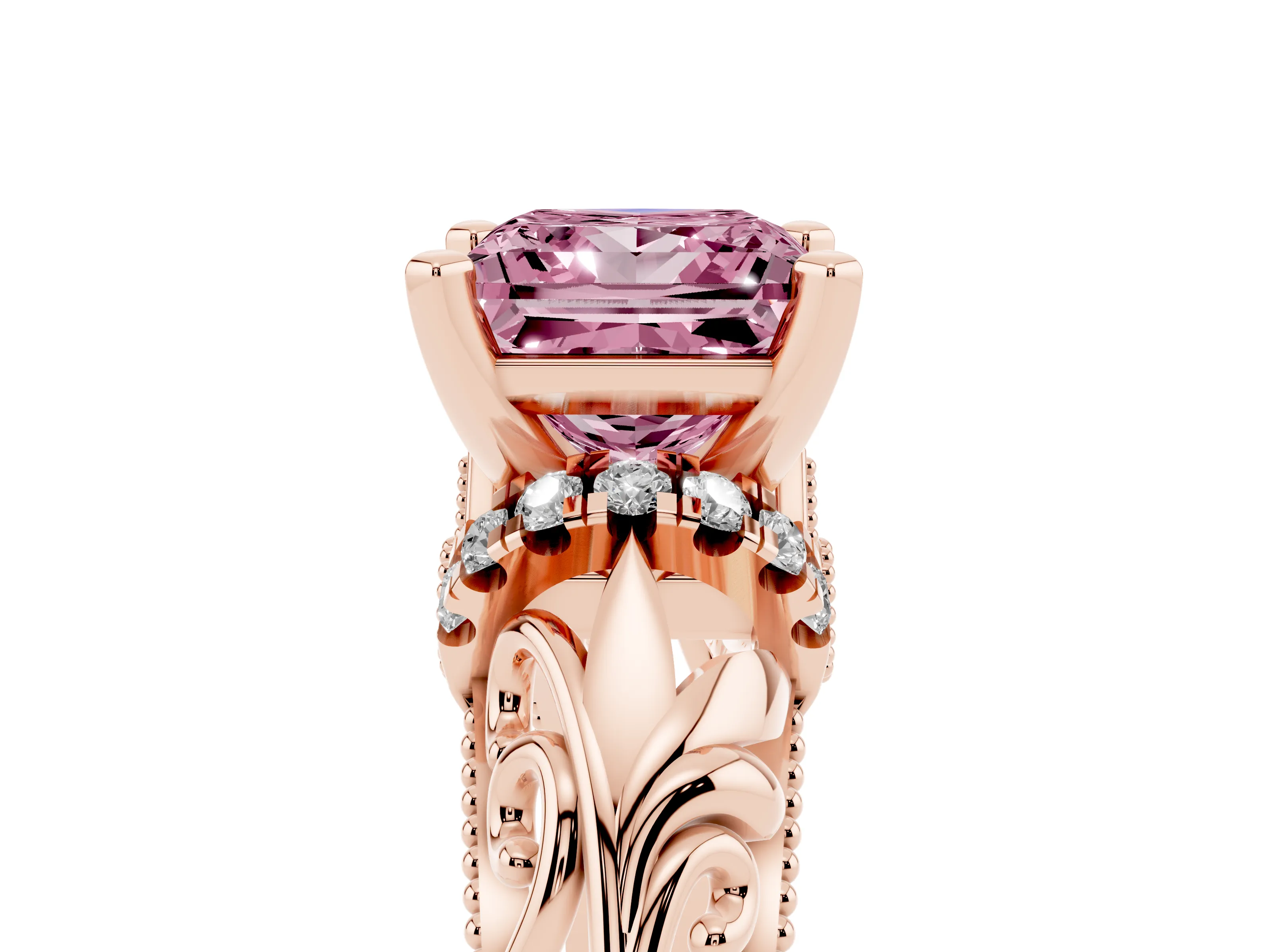 Fancy Pink Princess Cut Diamond Filigree Halo Engagement Ring Set in Rose gold with Prong Setting