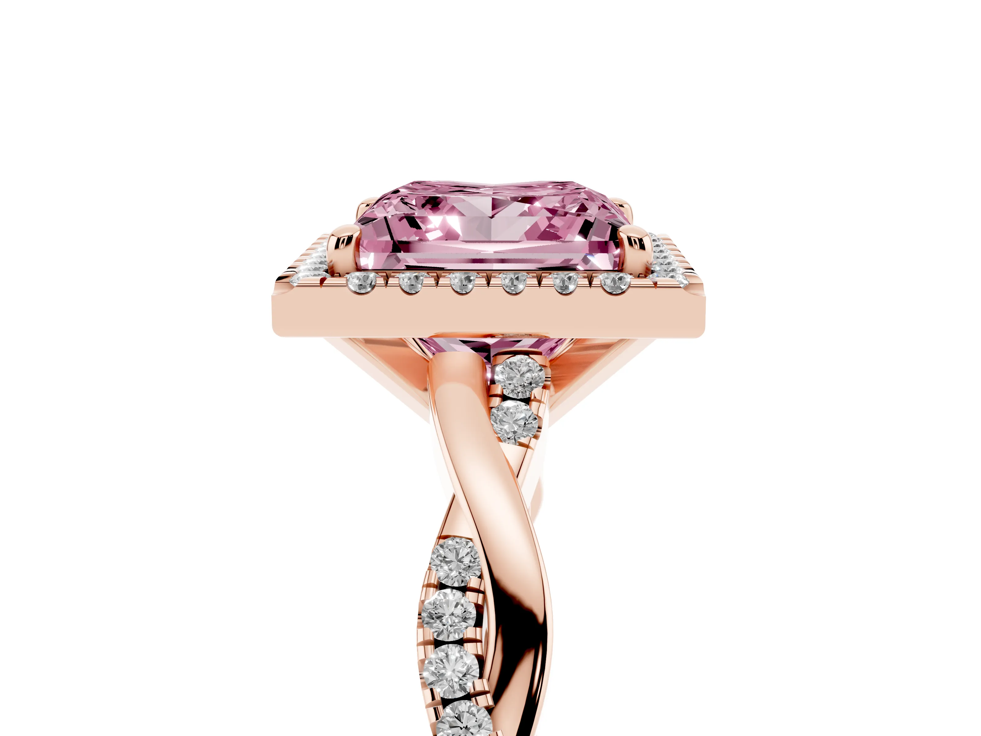 Fancy Pink Princess Cut Diamond Halo Twisted Band Ring Set in Rose gold with Prong Setting