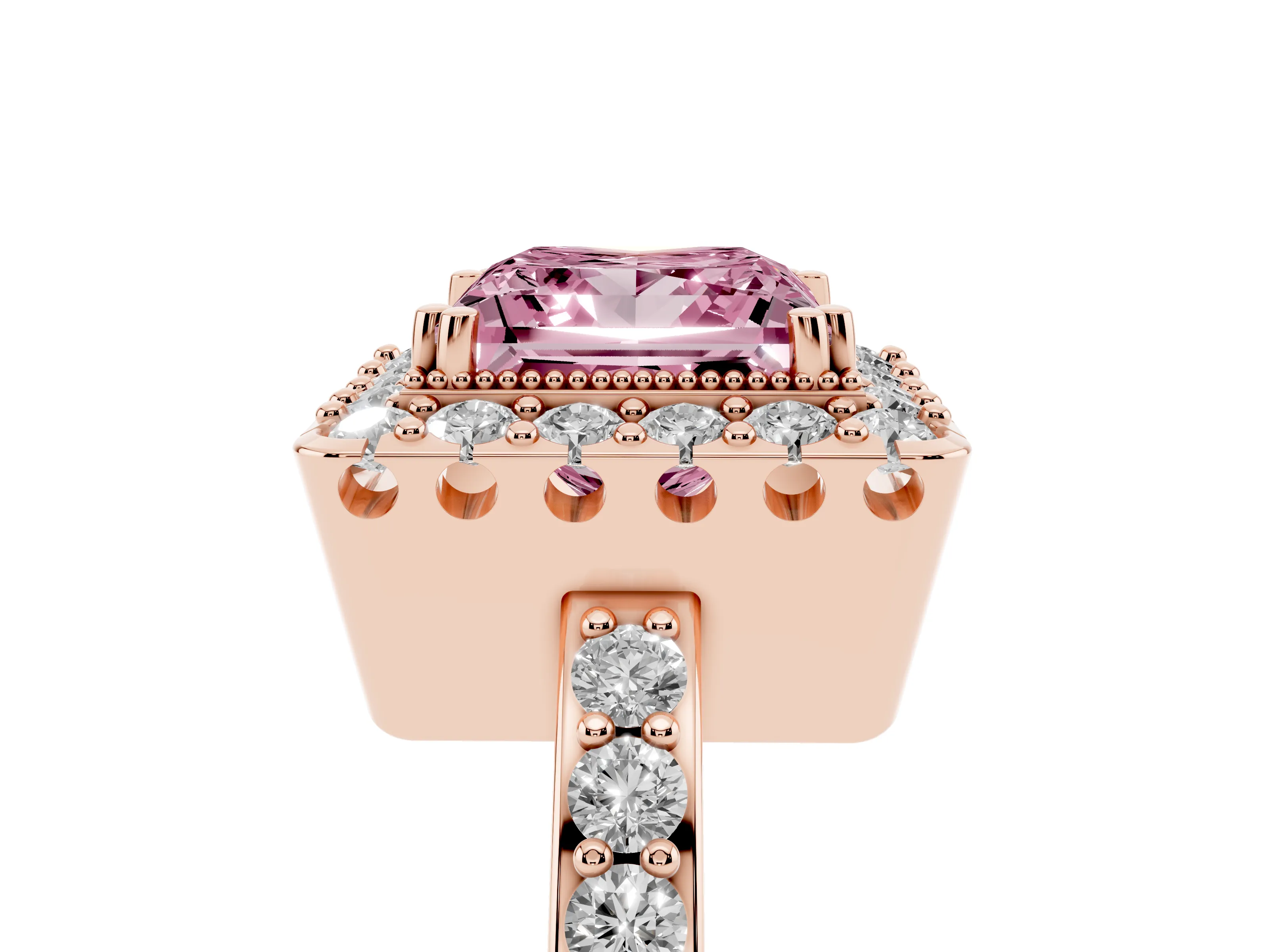 Fancy Pink Princess Cut Diamond Halo Ring Set in Rose gold with Pavé Shank and Prong Setting