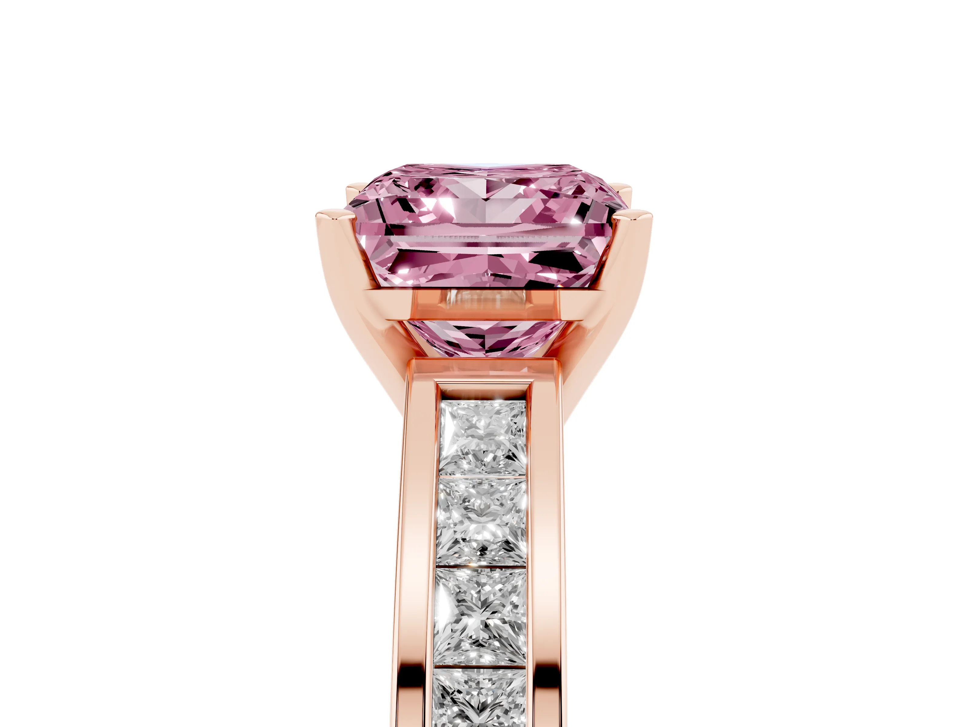Fancy Pink Princess Cut Diamond Solitaire Ring Set in Rose gold with Channel-Set Band and Prong Setting