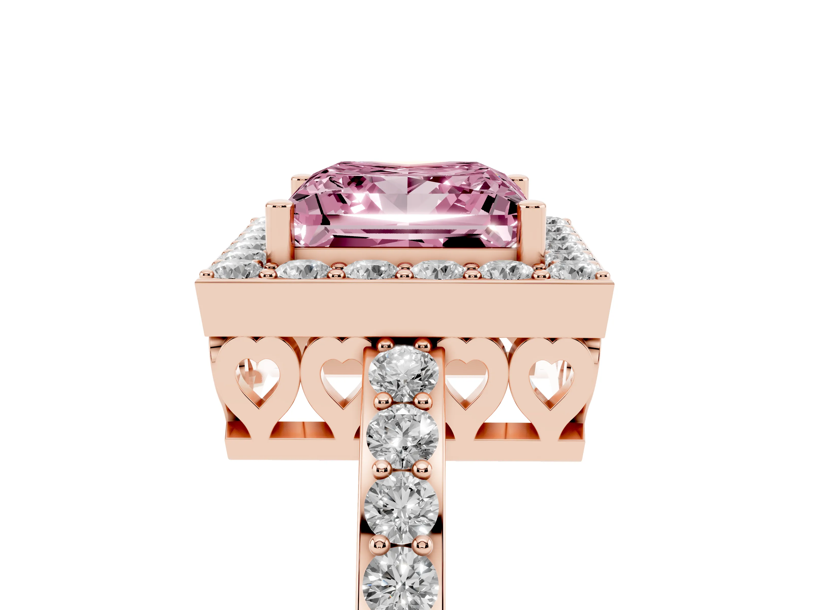 Fancy Pink Princess Cut Diamond Halo Ring Set in Rose gold with Pavé-Setting Band and Open Prong Center