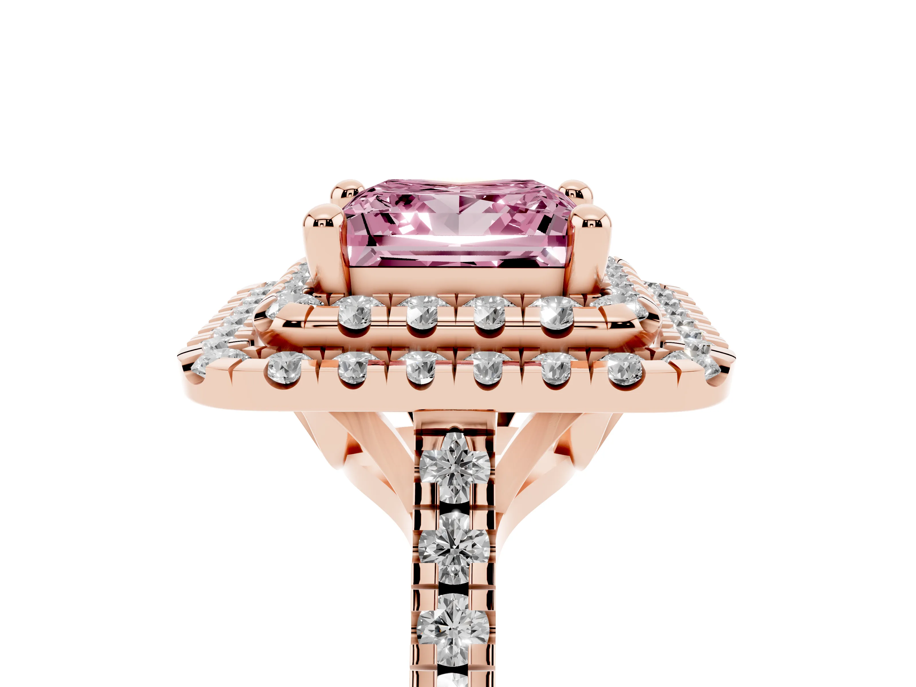 Fancy Pink Princess Cut Diamond Double Halo Statement Ring Set in Rose gold with Pavé Band