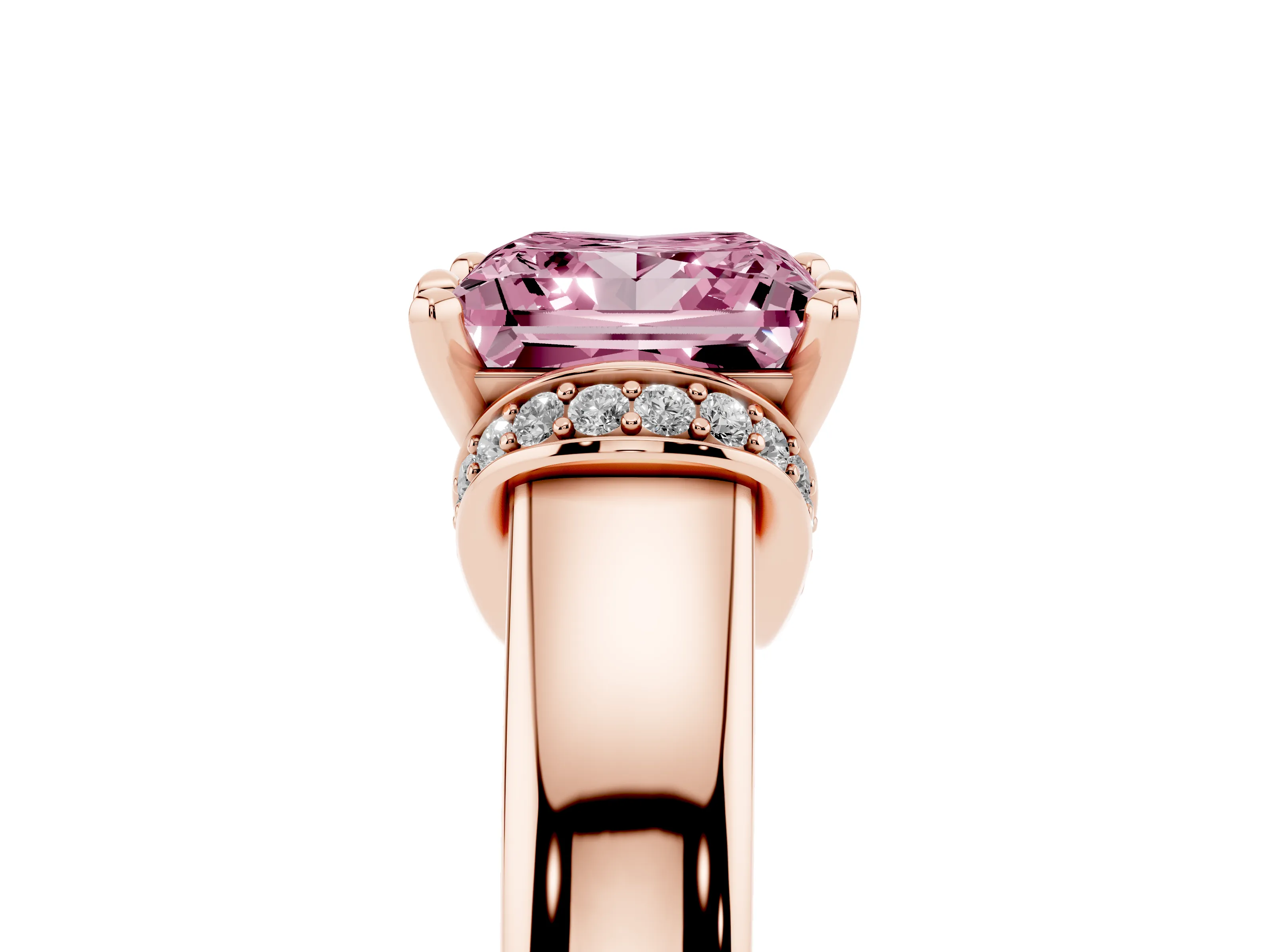 Fancy Pink Princess Cut Diamond Pavé Band Solitaire Ring Set in Rose gold with Prong Setting