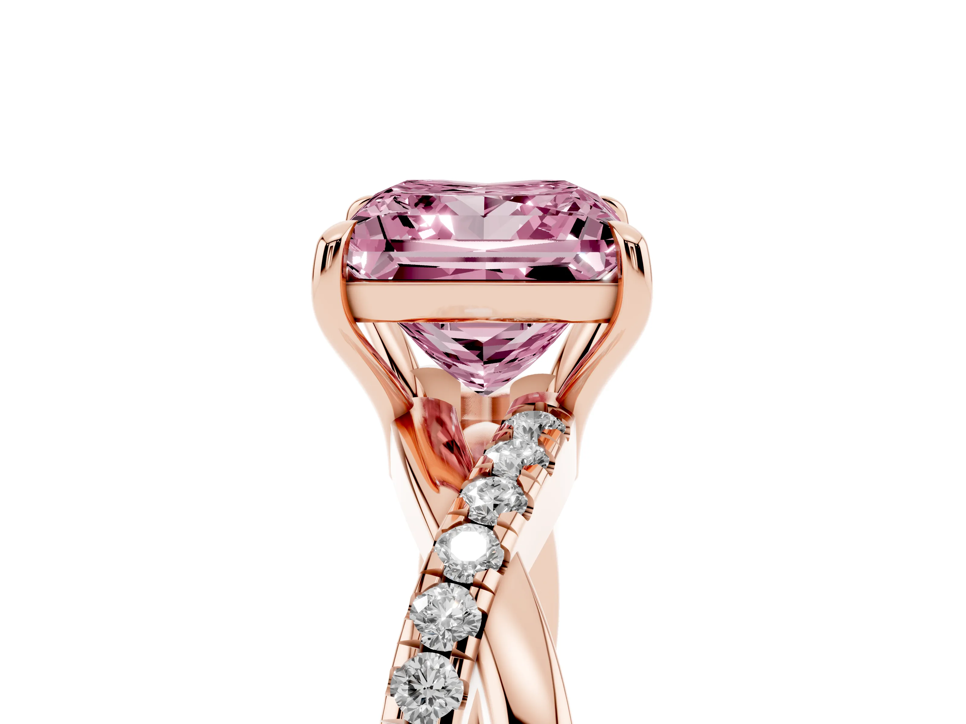 Fancy Pink Princess Cut Diamond Twisted Pavé Band Ring Set in Rose gold with Prong Setting