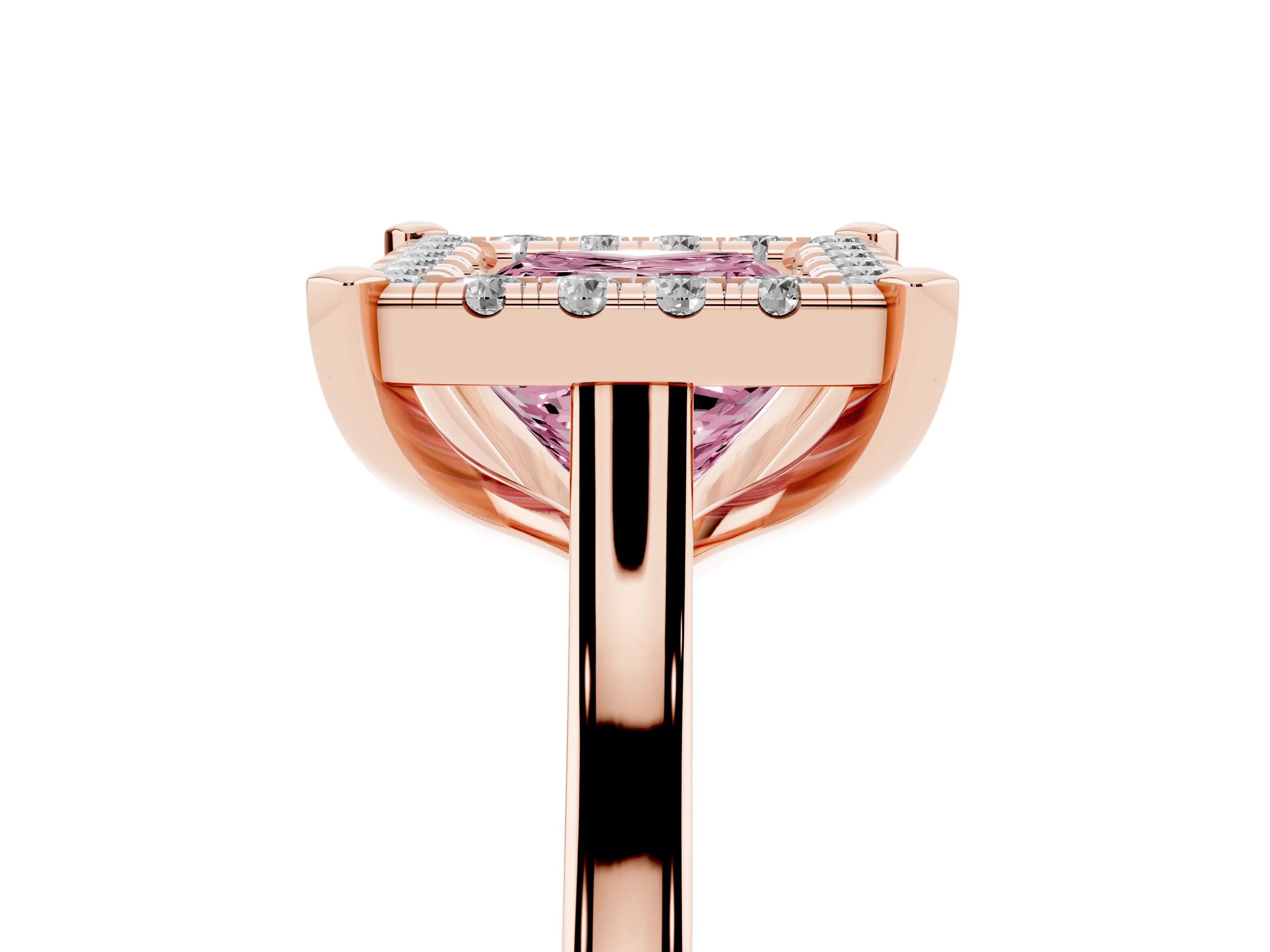 Fancy Pink Princess Cut Diamond Cluster Halo Solitaire Ring Set in Rose gold with Prong Setting