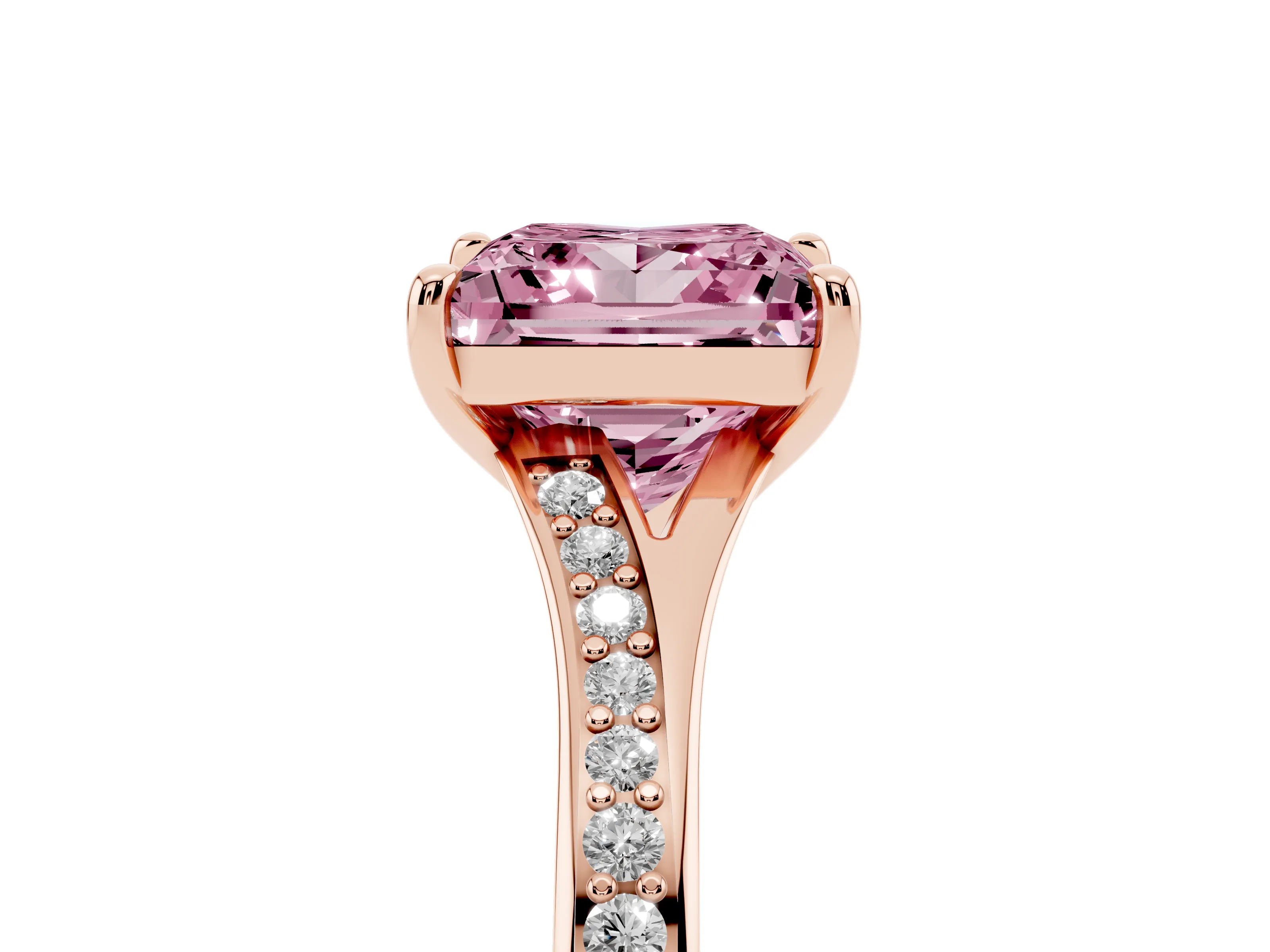 Fancy Pink Princess Cut Diamond Solitaire Ring Set in Rose gold with Pavé Accent Band and Classic Prong Setting