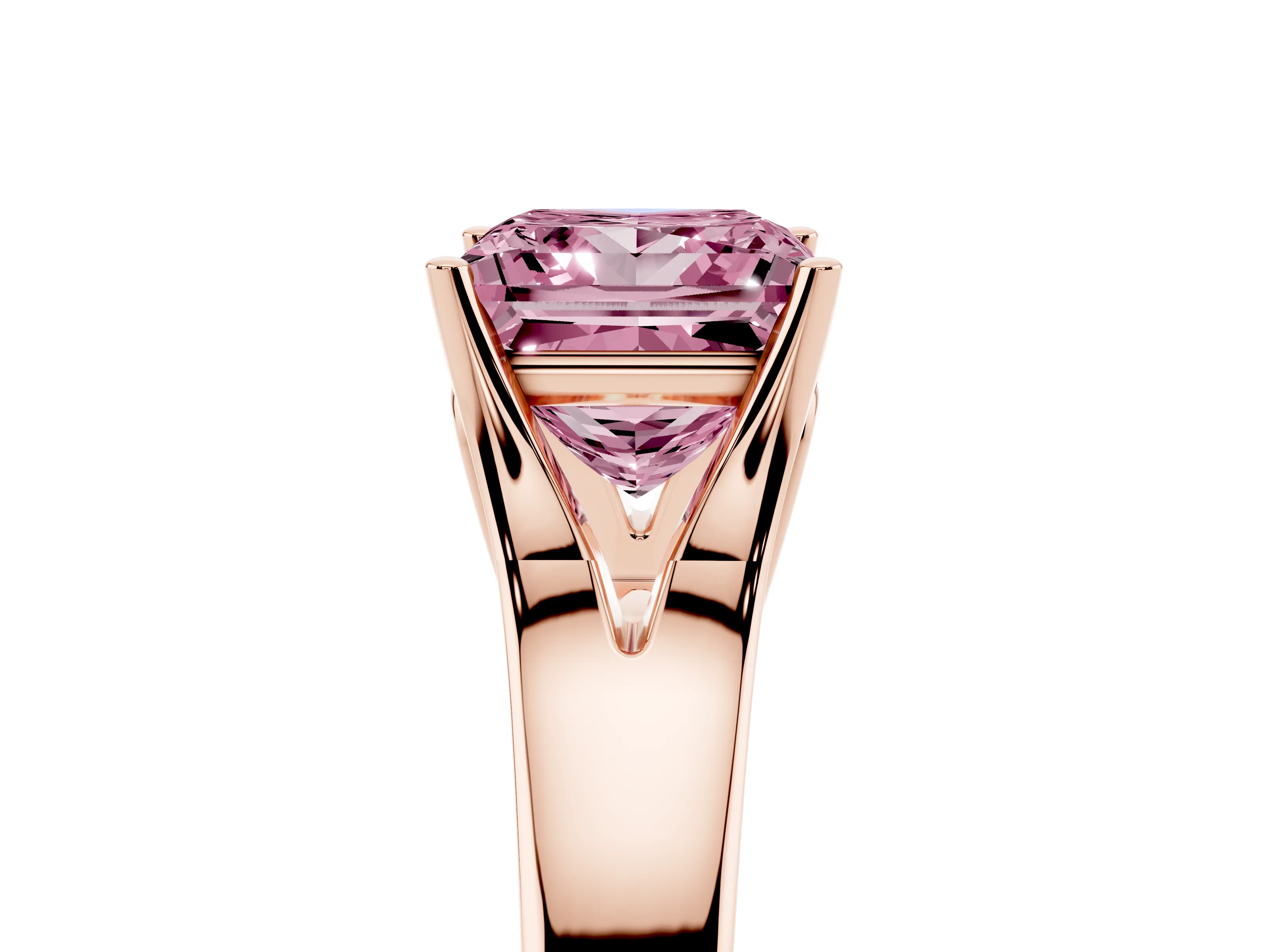 Fancy Pink Princess Cut Diamond Solitaire Ring Set in Rose gold with Arched Cathedral Band and Prong Setting