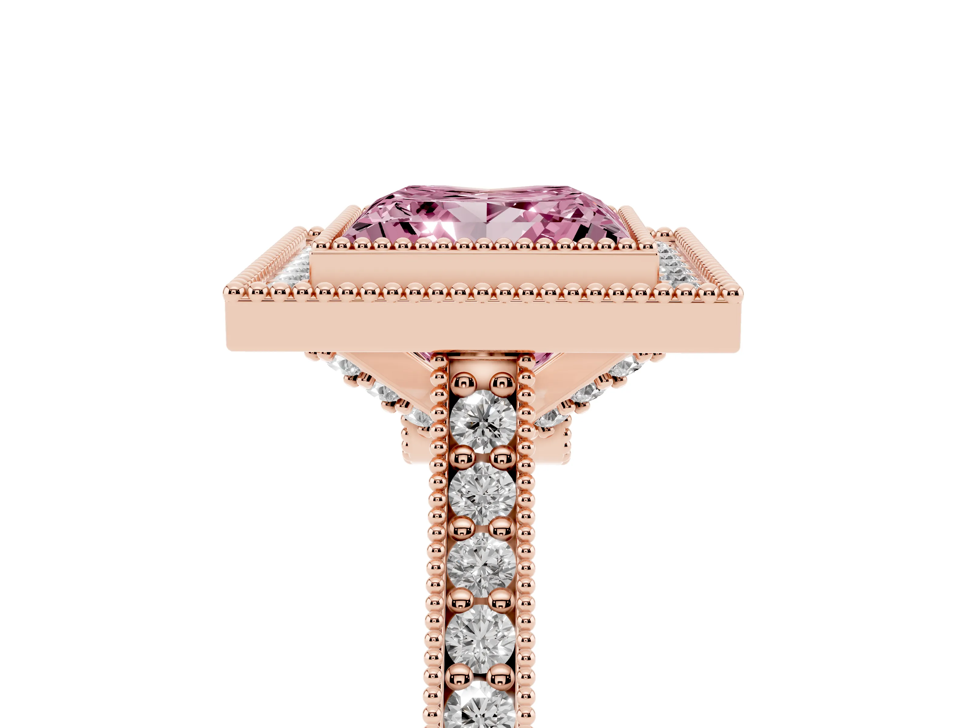 Fancy Pink Princess Cut Diamond Halo Milgrain Pavé Band Ring Set in Rose gold with Prong Setting