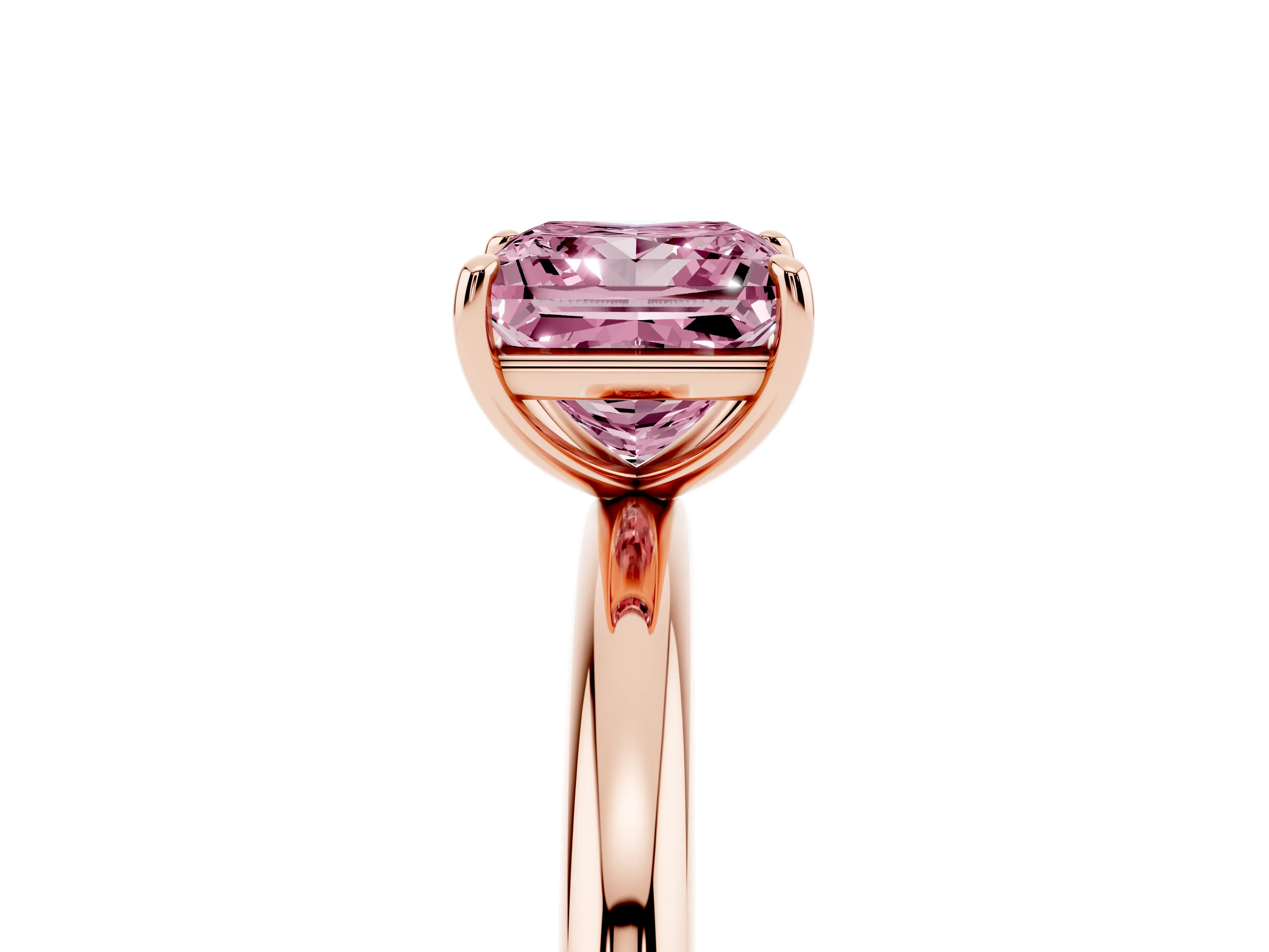 Fancy Pink Princess Cut Diamond Solitaire Ring Set in Rose gold with Prong Setting on a Polished Plain Band
