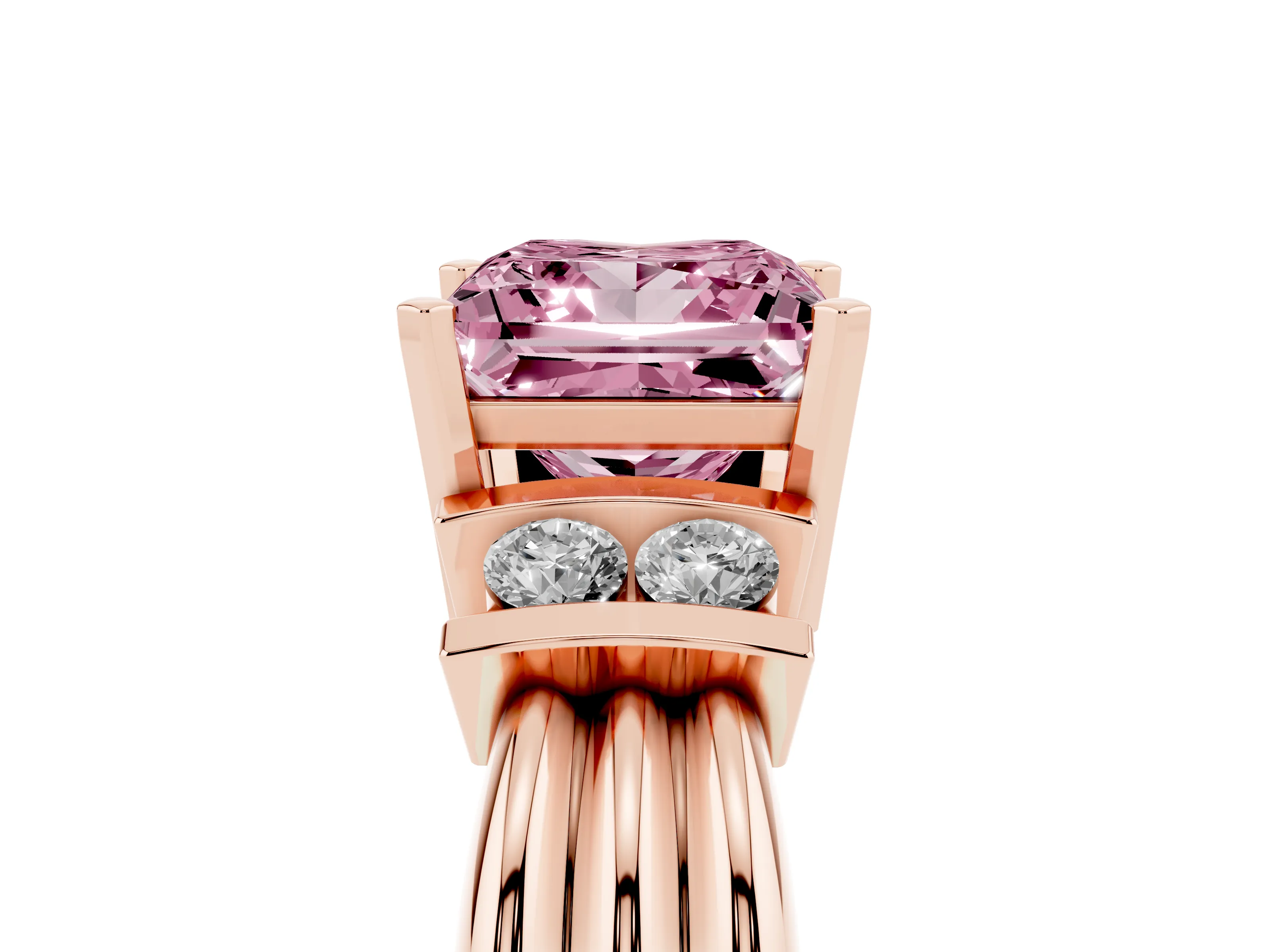 Fancy Pink Three-Stone Princess Cut Diamond Channel Set Ring Set in Rose gold with Bar Prongs